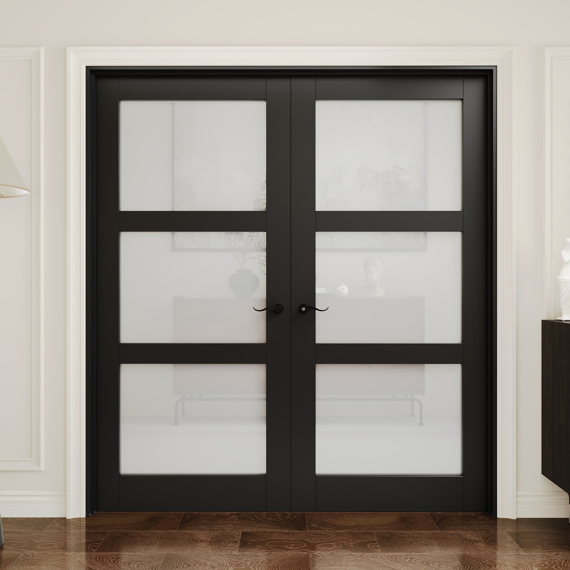 [Black Hardware Prehung French Door Collection] 3-Lite Frosted Glass Black Solid Core Double Prehung French Door with Ready-to-Assemble Black Jamb