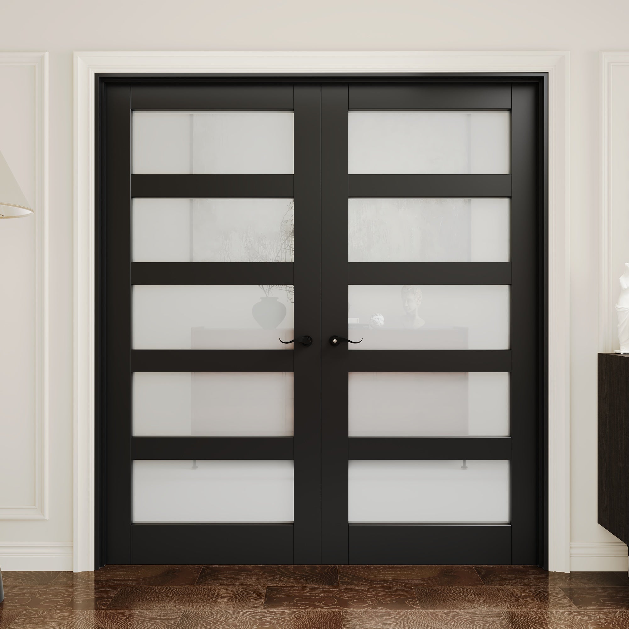 [Black Hardware Prehung French Door Collection] 5-Lite Frosted Glass Black Solid Core Double Prehung French Door with Ready-to-Assemble Black Jamb