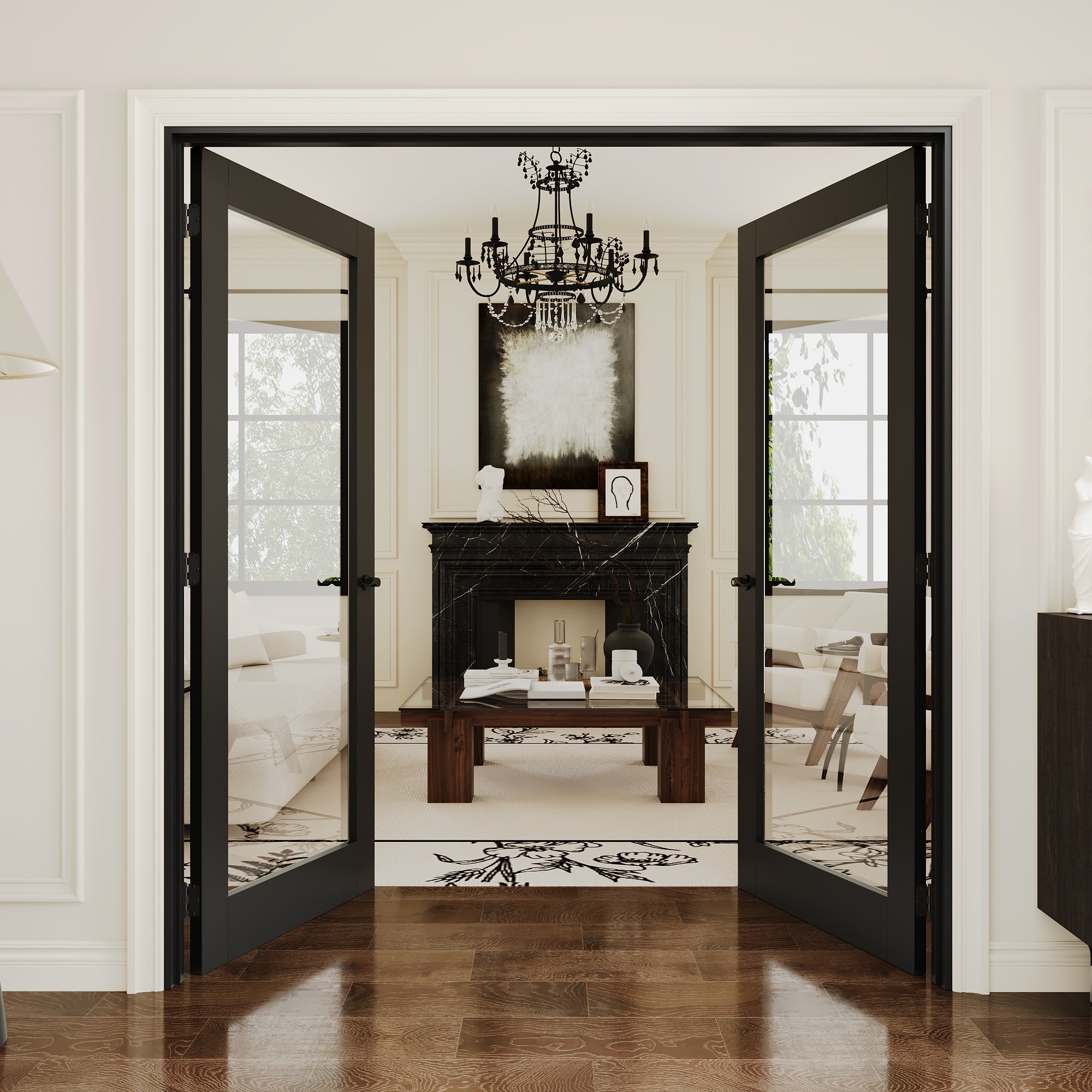 [Black Hardware Prehung French Door Collection] 1-Lite Clear Glass Black Solid Core Double Prehung French Door with Ready-to-Assemble Black Jamb