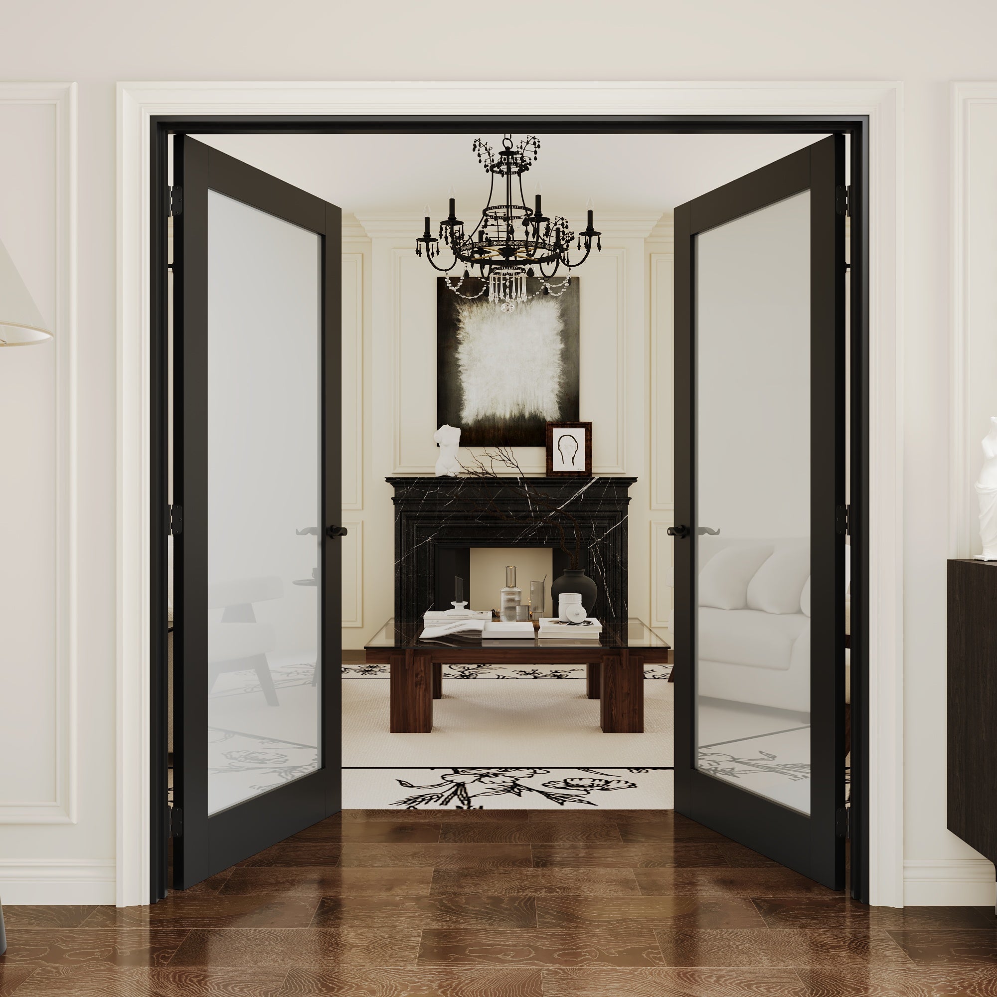 [Black Hardware Prehung French Door Collection] 1-Lite Frosted Glass Black Solid Core Double Prehung French Door with Ready-to-Assemble Black Jamb