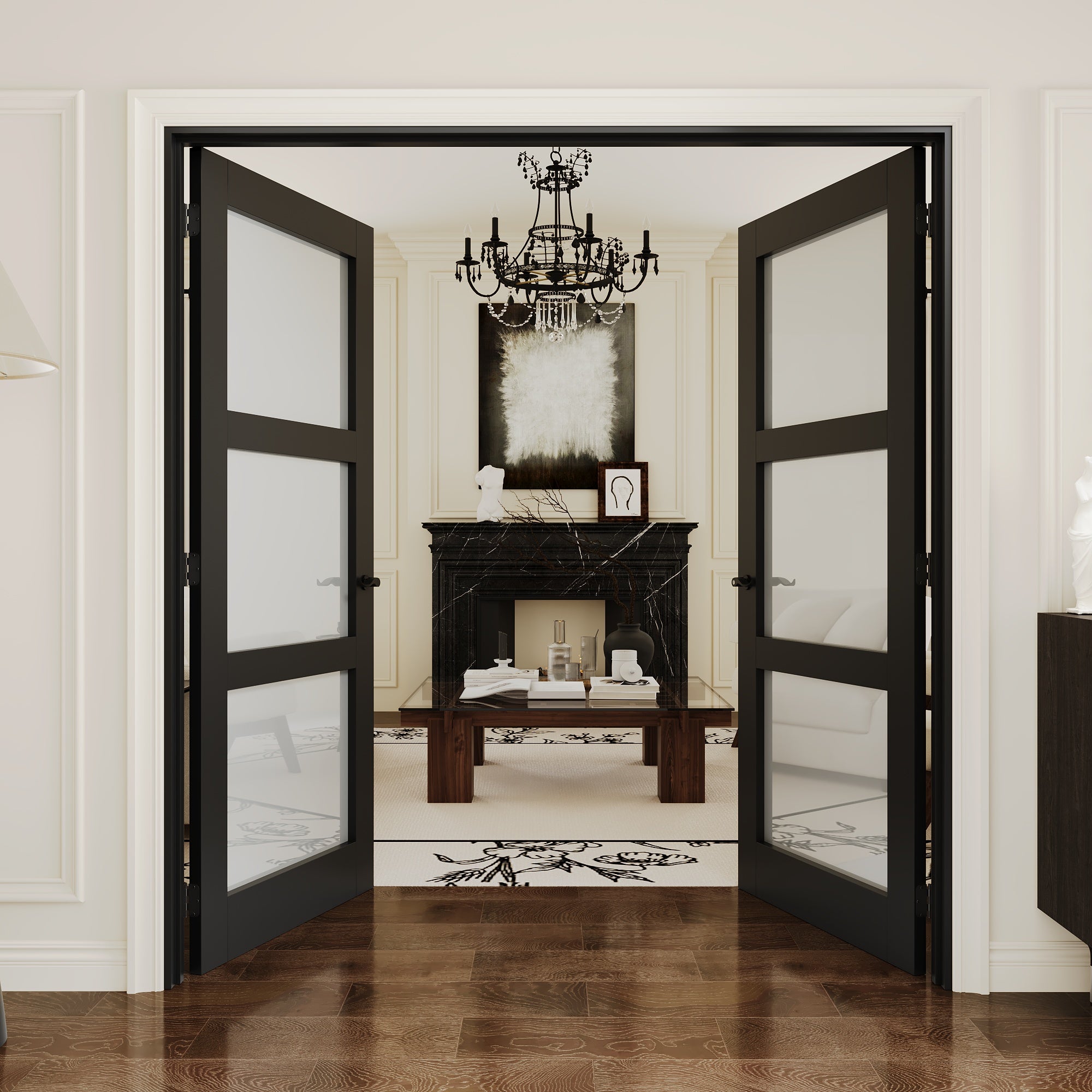 [Black Hardware Prehung French Door Collection] 3-Lite Frosted Glass Black Solid Core Double Prehung French Door with Ready-to-Assemble Black Jamb