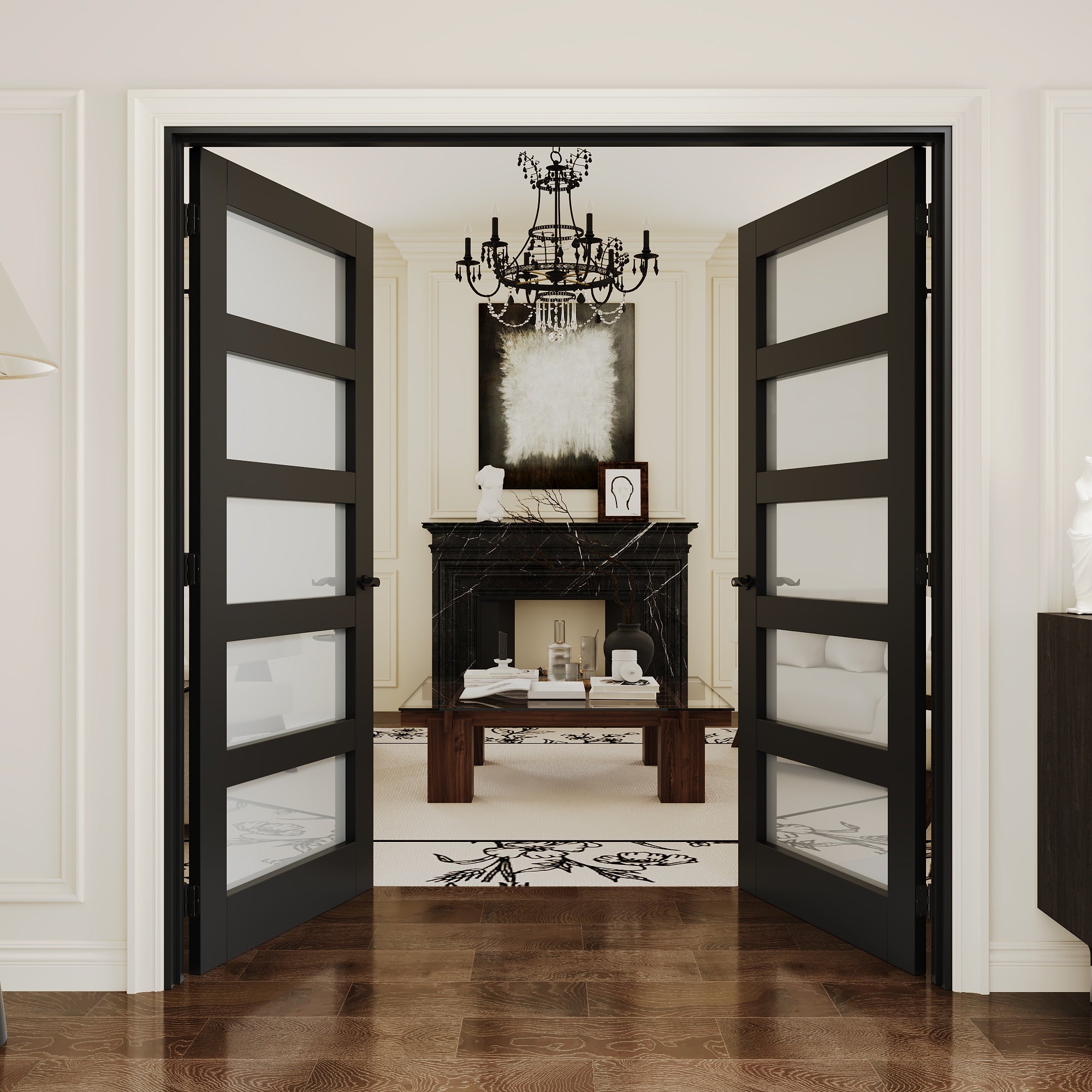 [Black Hardware Prehung French Door Collection] 5-Lite Frosted Glass Black Solid Core Double Prehung French Door with Ready-to-Assemble Black Jamb