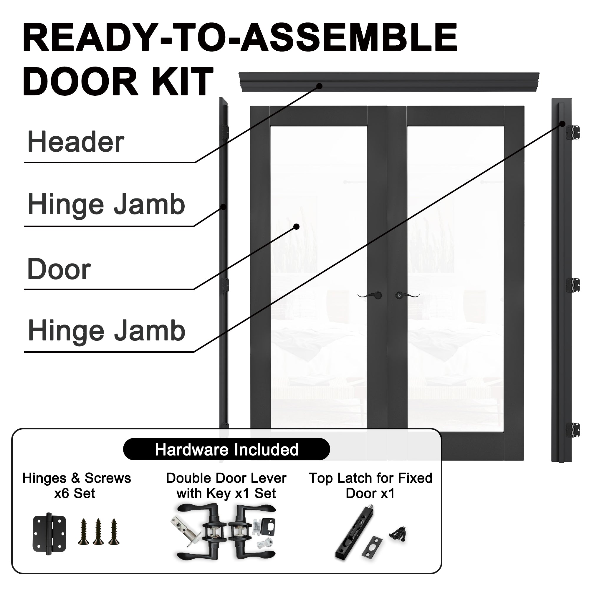 [Black Hardware Prehung French Door Collection] 1-Lite Clear Glass Black Solid Core Double Prehung French Door with Ready-to-Assemble Black Jamb