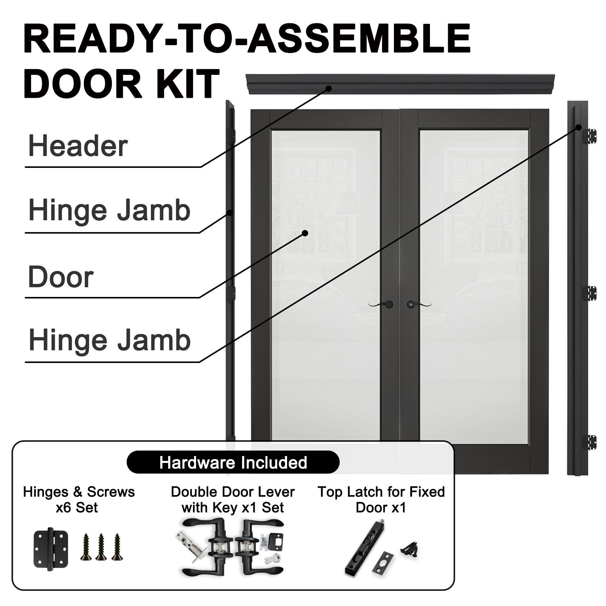 [Black Hardware Prehung French Door Collection] 1-Lite Frosted Glass Black Solid Core Double Prehung French Door with Ready-to-Assemble Black Jamb