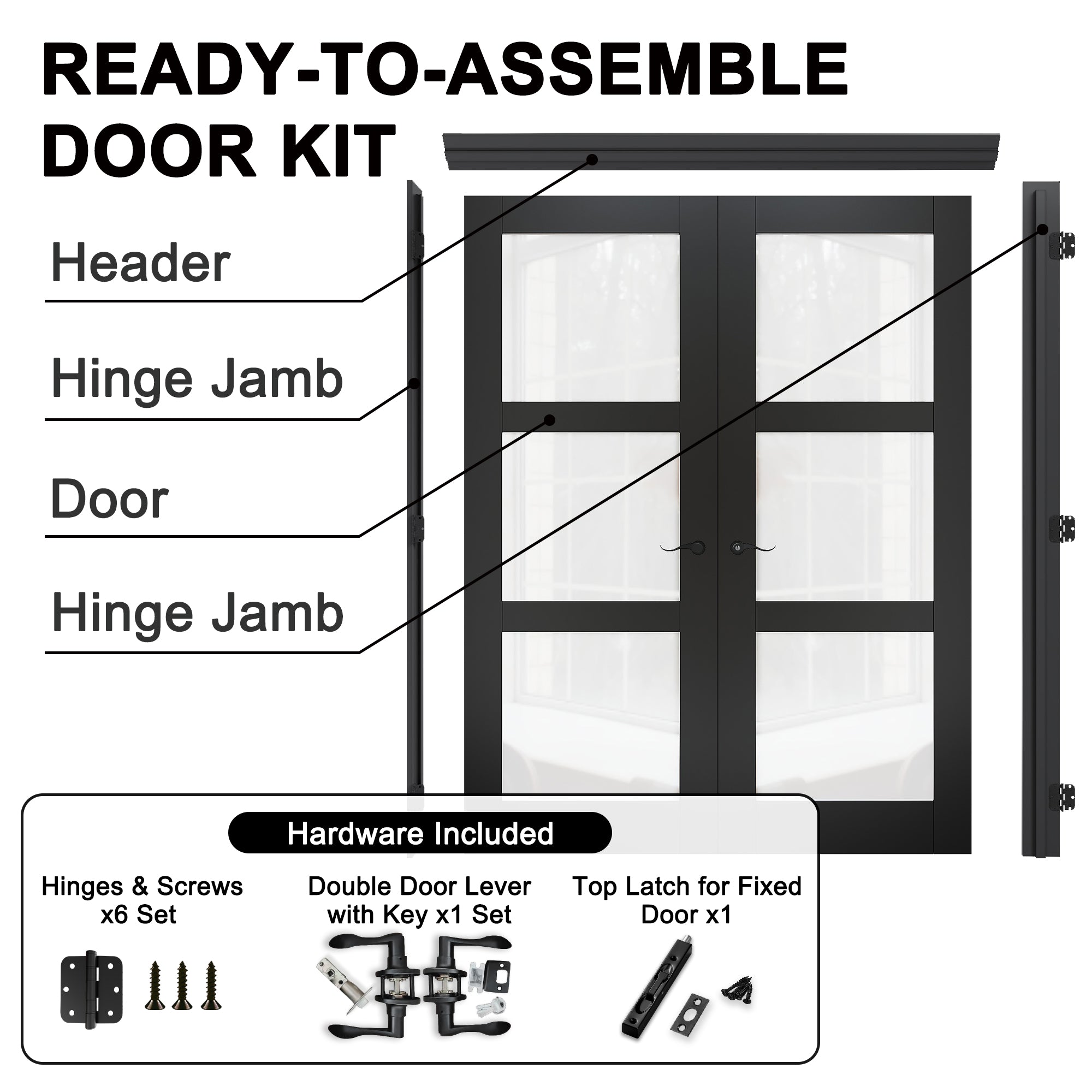 [Black Hardware Prehung French Door Collection] 3-Lite Frosted Glass Black Solid Core Double Prehung French Door with Ready-to-Assemble Black Jamb