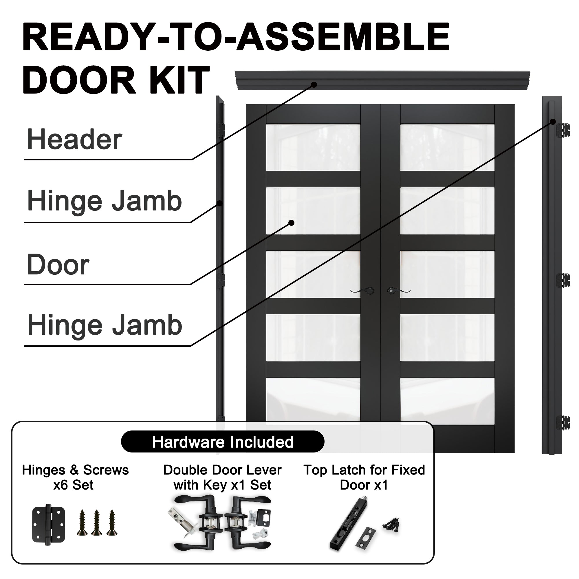 [Black Hardware Prehung French Door Collection] 5-Lite Frosted Glass Black Solid Core Double Prehung French Door with Ready-to-Assemble Black Jamb