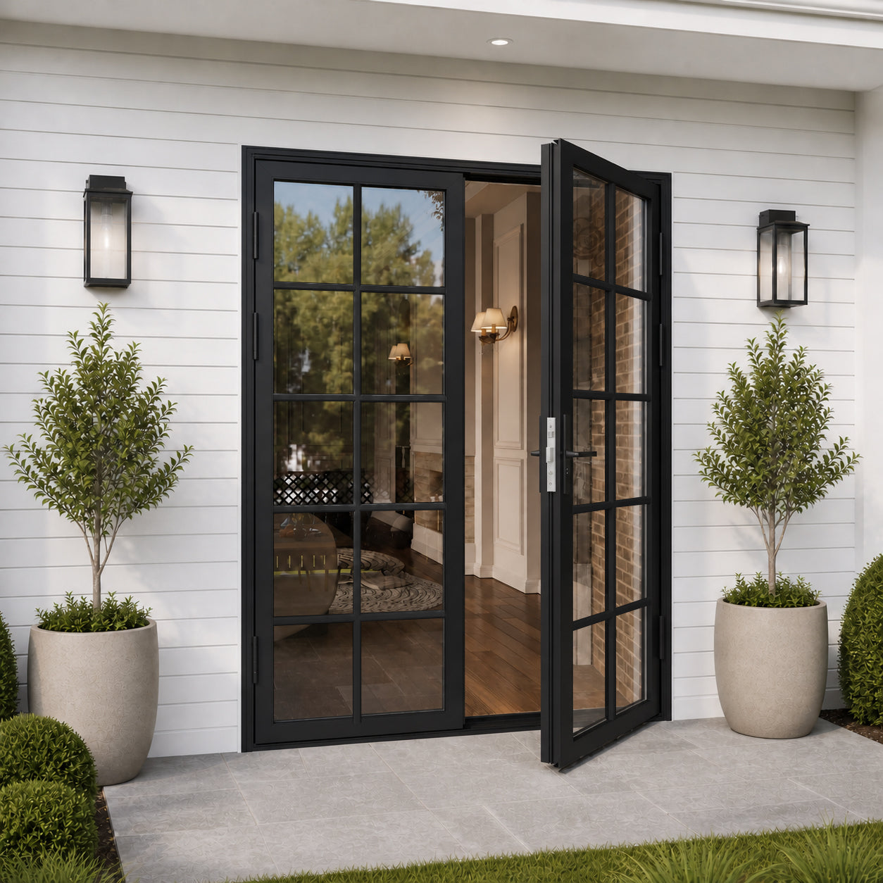 Ark Design French Double Black Aluminum Patio Door with 10-Lite Tempered Clear Glass