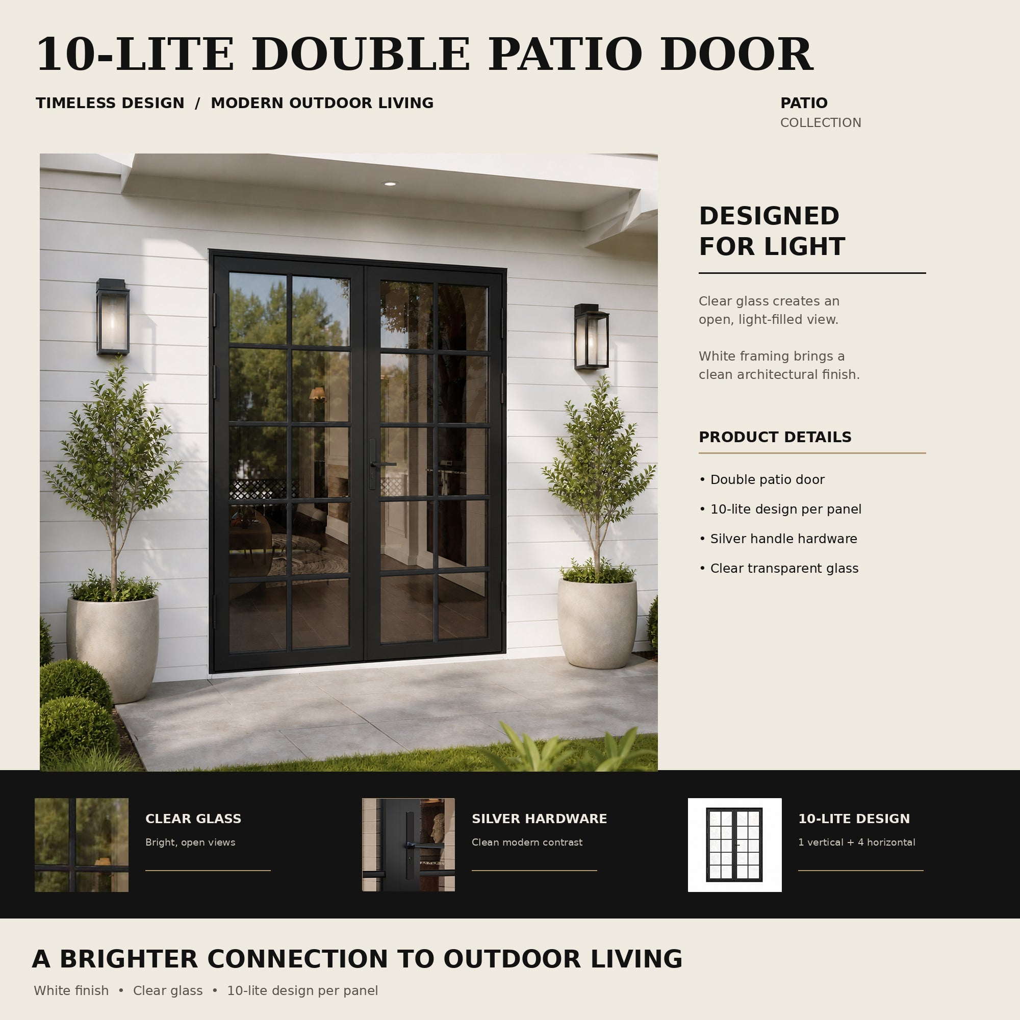 Ark Design French Double Black Aluminum Patio Door with 10-Lite Tempered Clear Glass