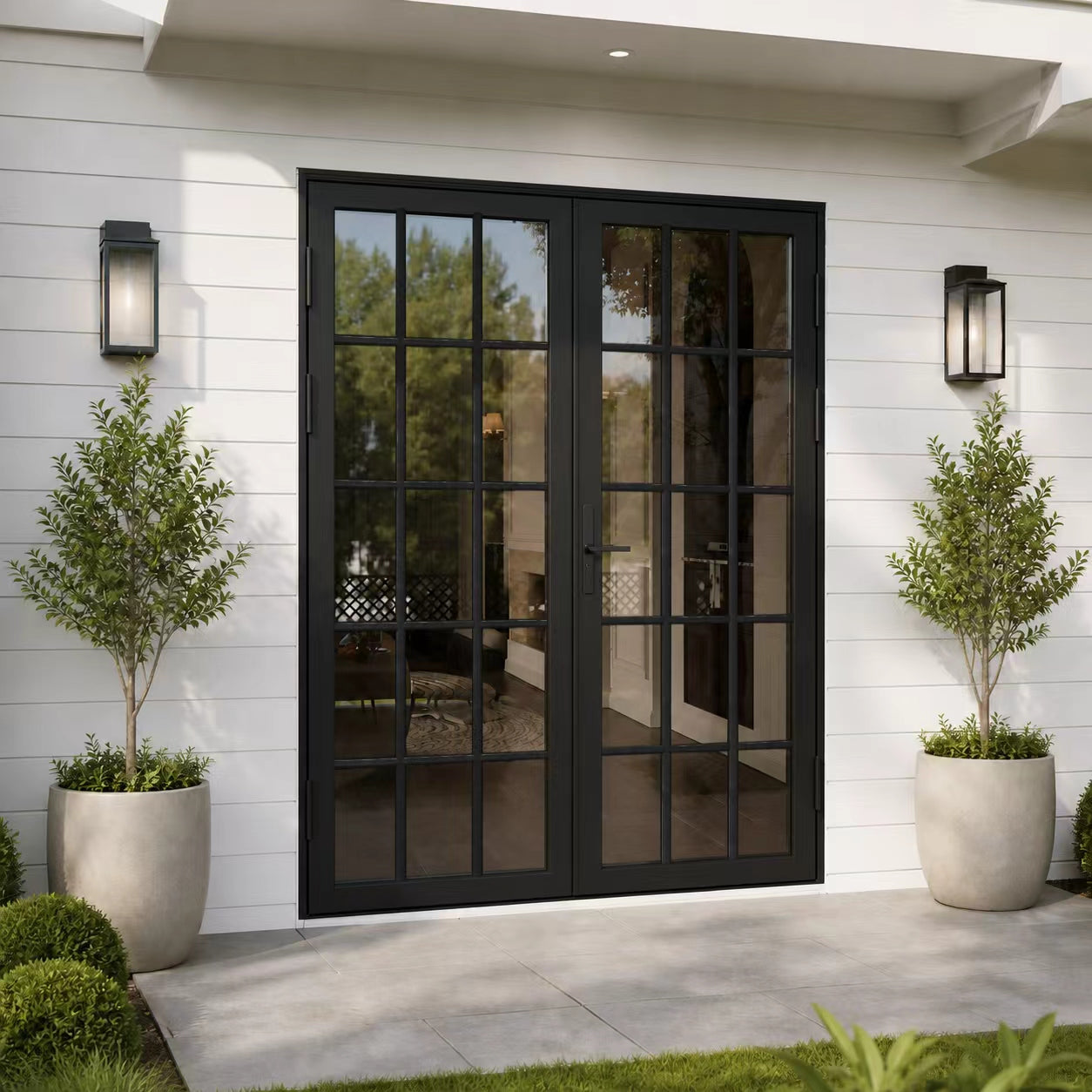 Ark Design French Double Black Aluminum Patio Door with 15-Lite Tempered Clear Glass
