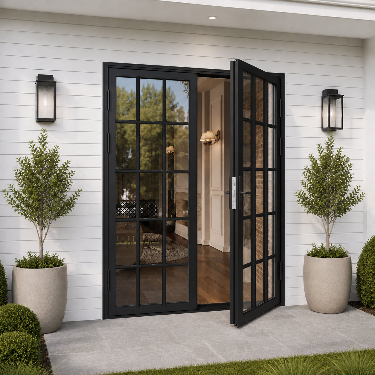 Ark Design French Double Black Aluminum Patio Door with 15-Lite Tempered Clear Glass