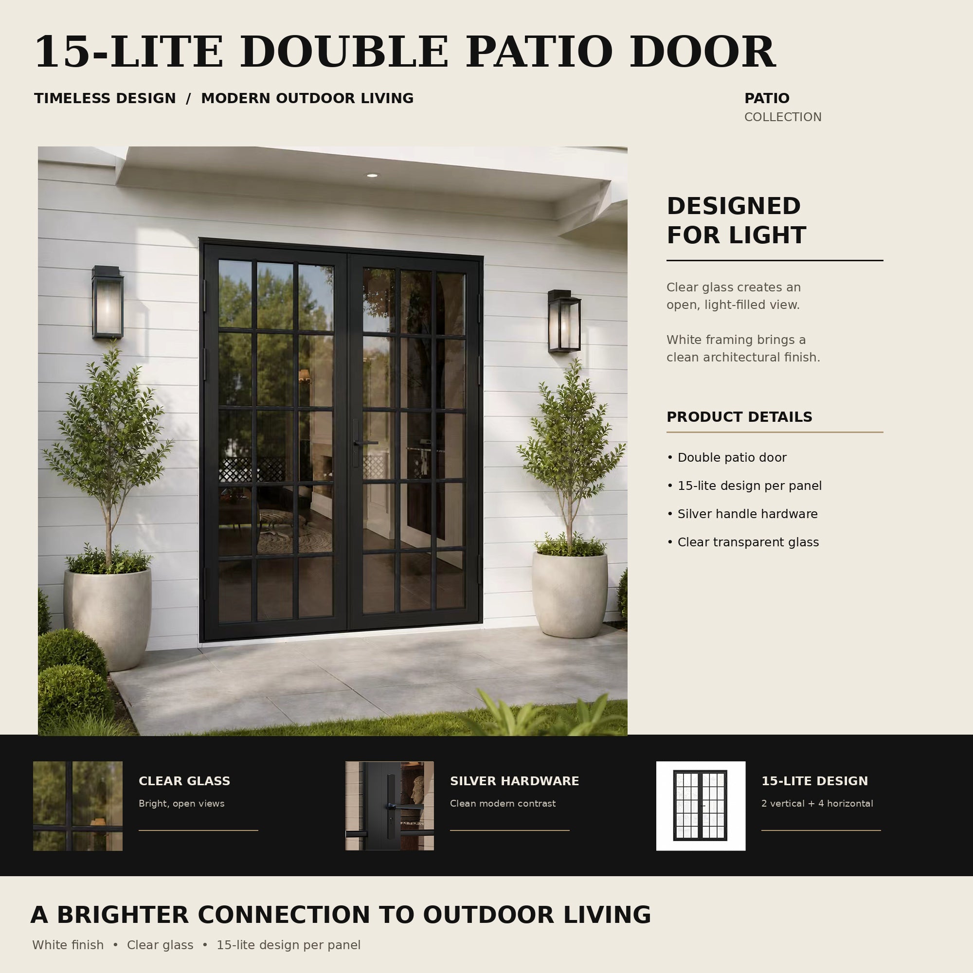 Ark Design French Double Black Aluminum Patio Door with 15-Lite Tempered Clear Glass