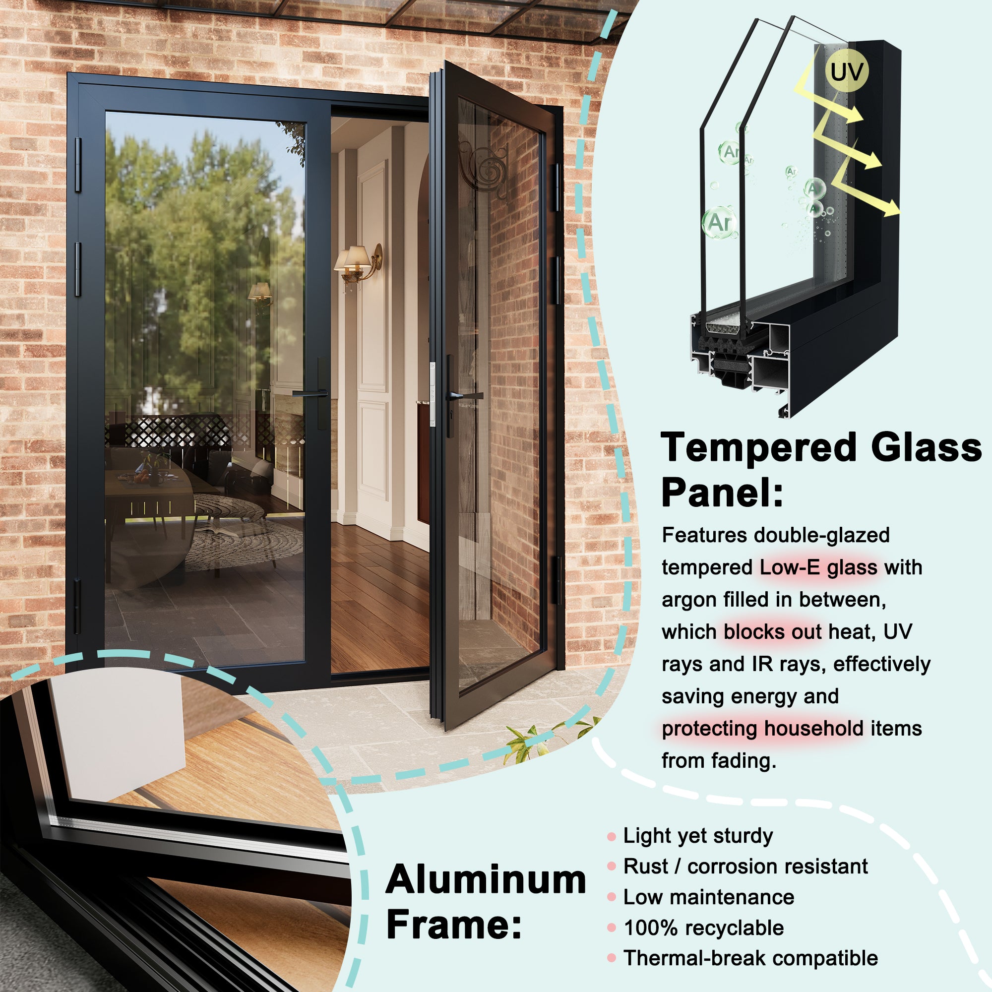 Ark Design French Double Black Aluminum Patio Door with 15-Lite Tempered Clear Glass