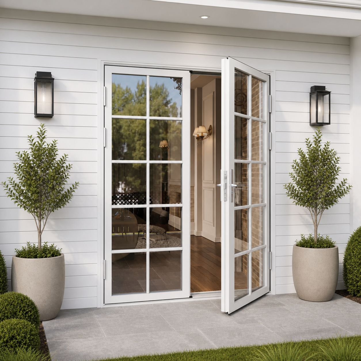 Ark Design French Double White Aluminum Patio Door with 10-Lite Tempered Clear Glass