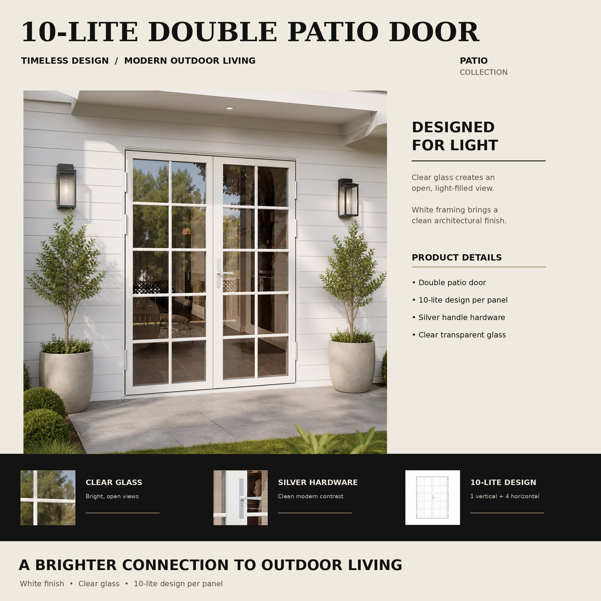 Ark Design French Double White Aluminum Patio Door with 10-Lite Tempered Clear Glass