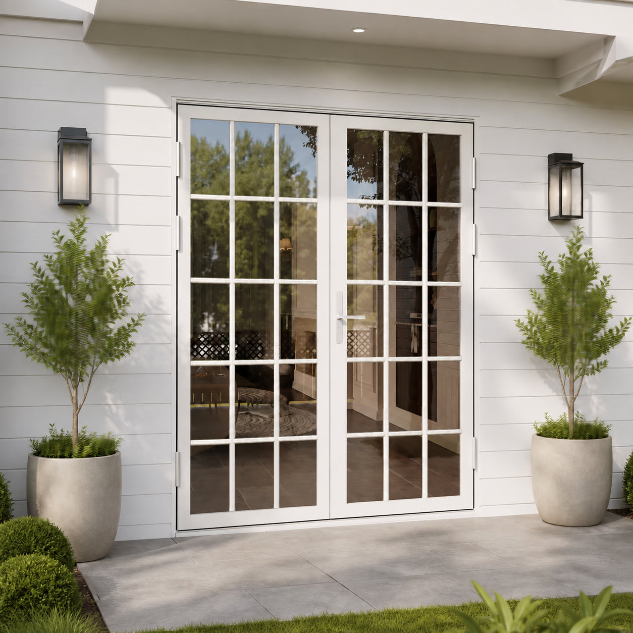 Ark Design French Double White Aluminum Patio Door with 15-Lite Tempered Clear Glass