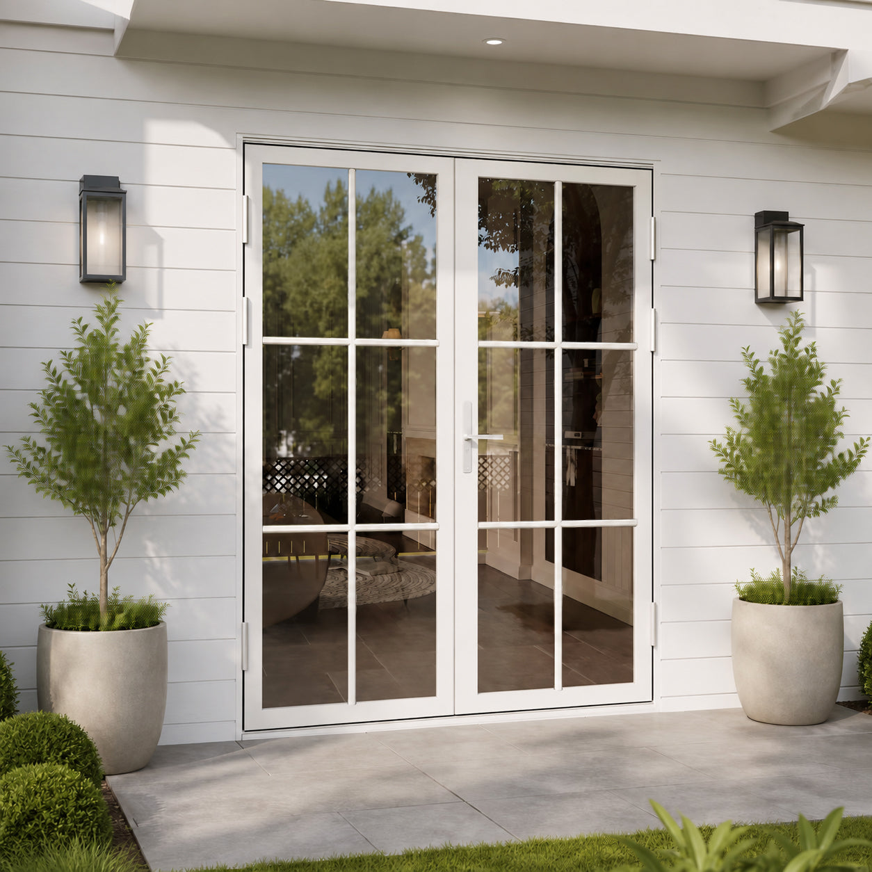 Ark Design French Double White Aluminum Patio Door with 6-Lite Tempered Clear Glass