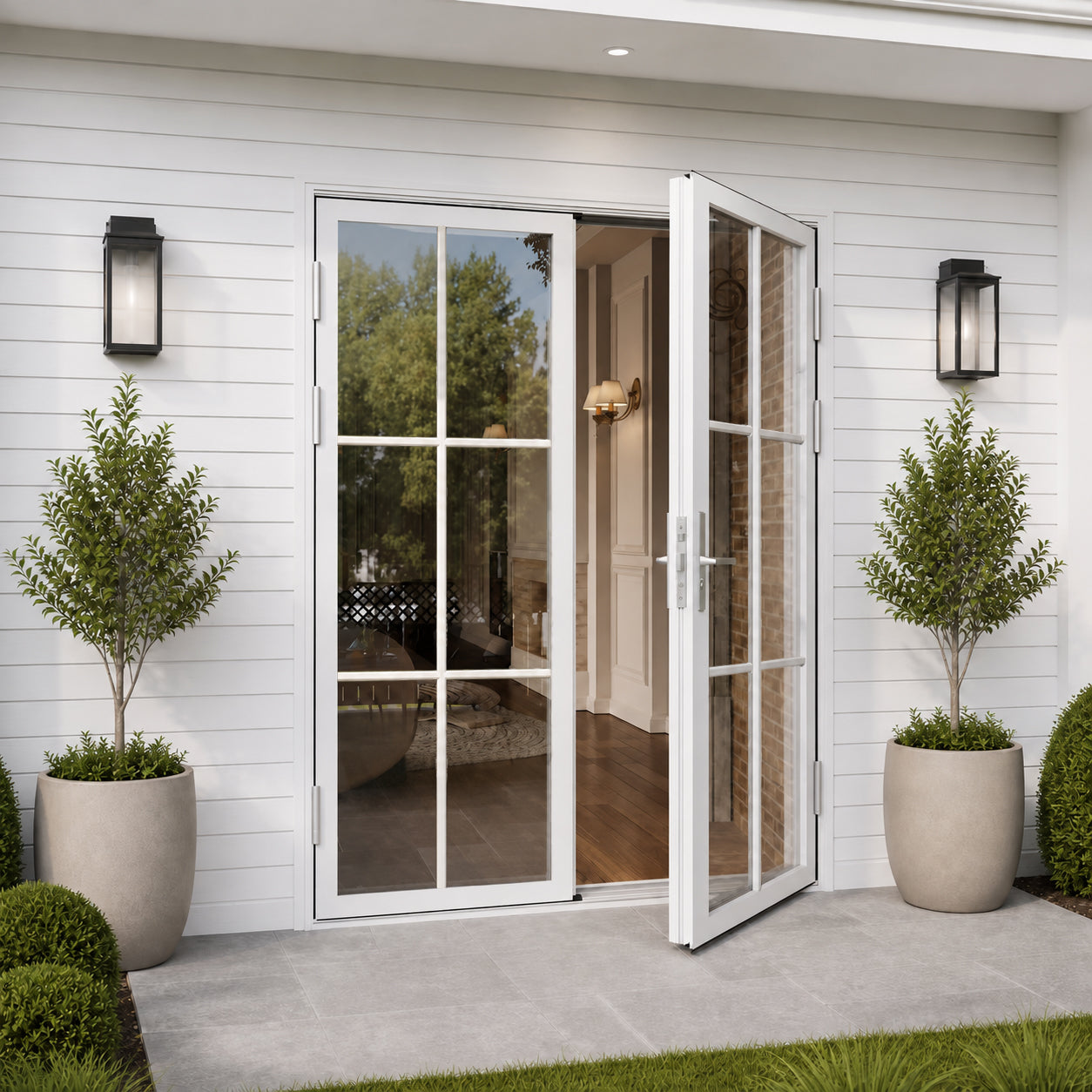 Ark Design French Double White Aluminum Patio Door with 6-Lite Tempered Clear Glass