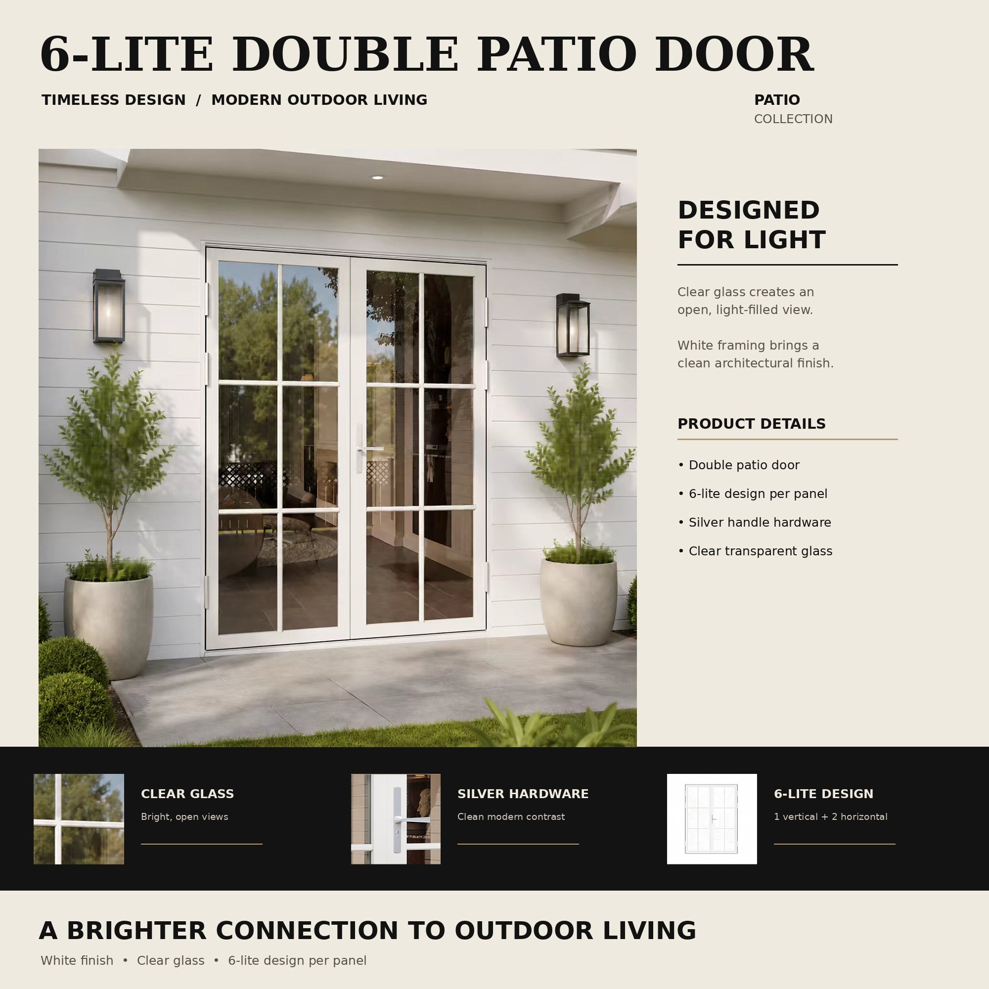 Ark Design French Double White Aluminum Patio Door with 6-Lite Tempered Clear Glass