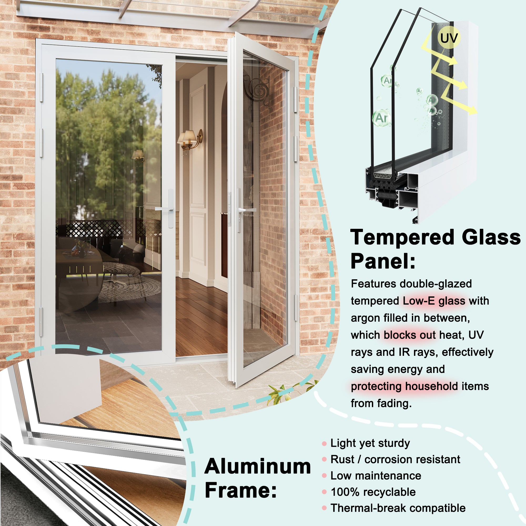 Ark Design French Double White Aluminum Patio Door with 6-Lite Tempered Clear Glass