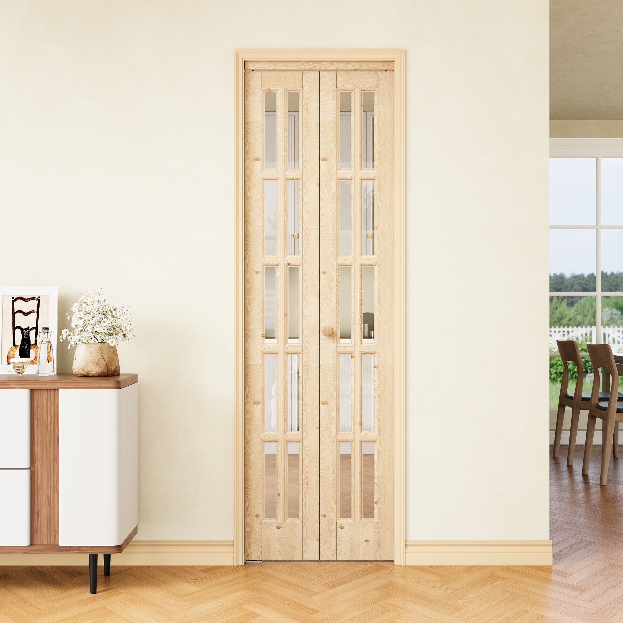 [Two Hardware Kits] Ark Design 10-Lite Pine Wood & Tempered Clear Glass Bifold Door, Bi-fold Door plus Pivot Door W/ 2-Type Hardware, 2-Slabs Solid Core Unfinished & Paintable Door