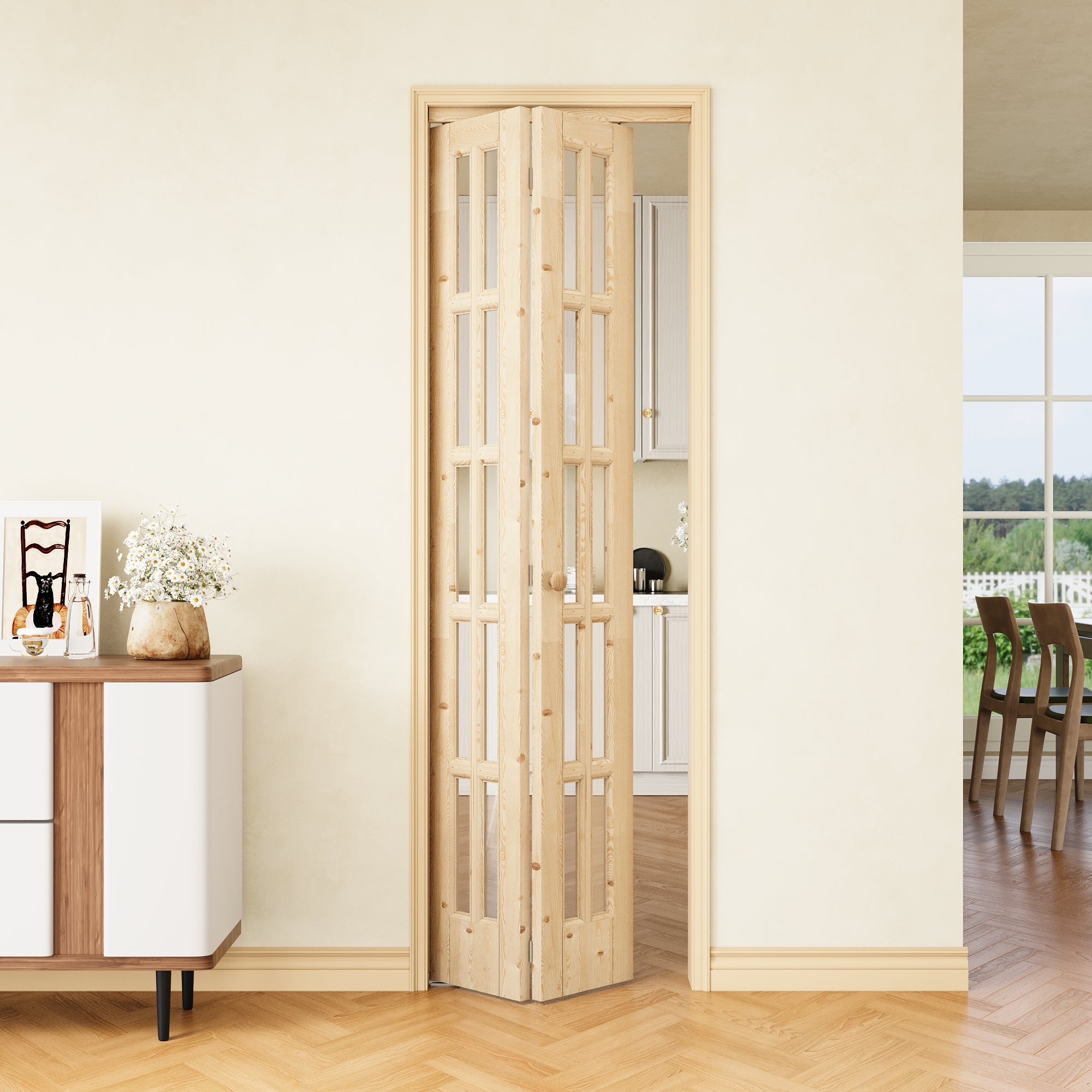 [Two Hardware Kits] Ark Design 10-Lite Pine Wood & Tempered Clear Glass Bifold Door, Bi-fold Door plus Pivot Door W/ 2-Type Hardware, 2-Slabs Solid Core Unfinished & Paintable Door