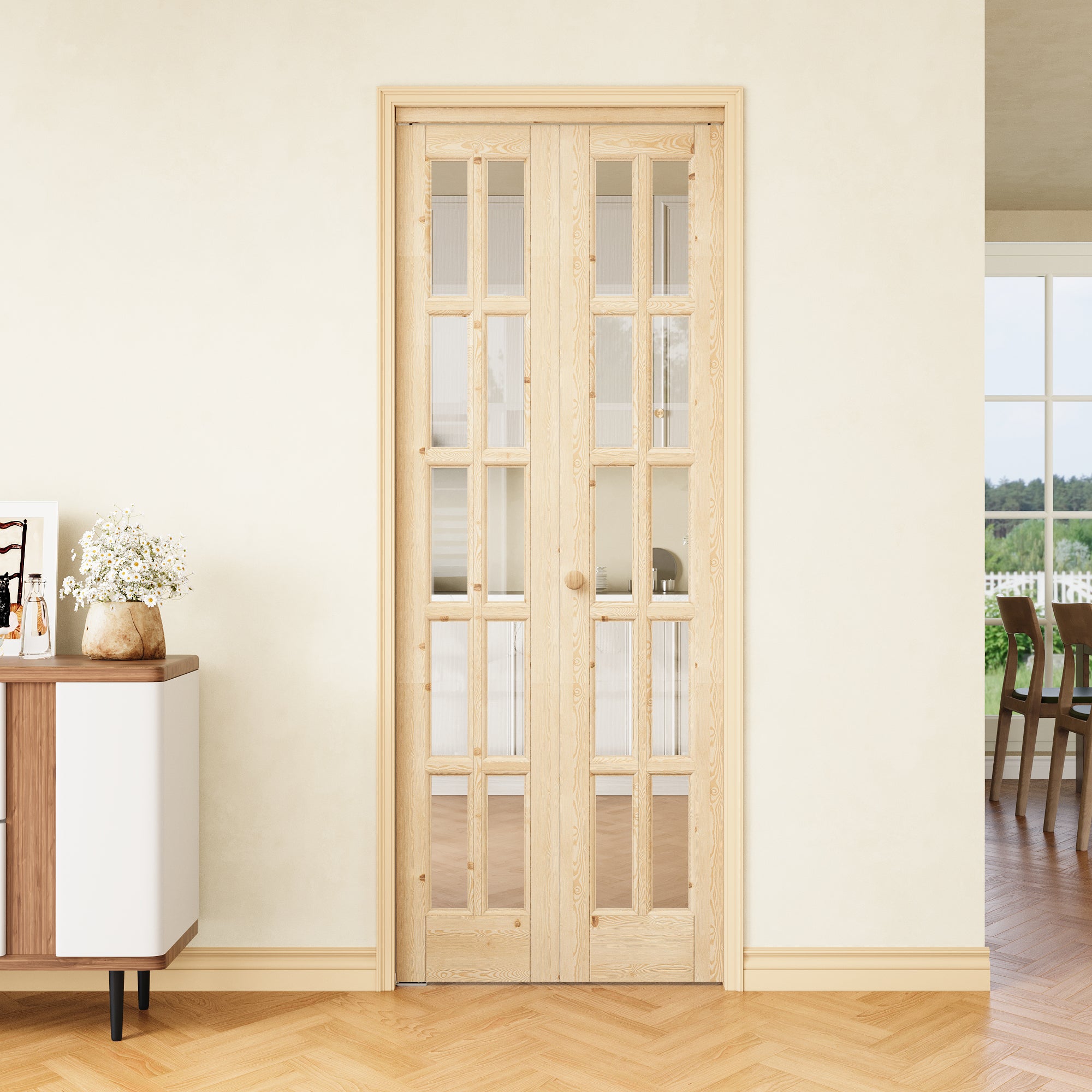 [Two Hardware Kits] Ark Design 10-Lite Pine Wood & Tempered Clear Glass Bifold Door, Bi-fold Door plus Pivot Door W/ 2-Type Hardware, 2-Slabs Solid Core Unfinished & Paintable Door