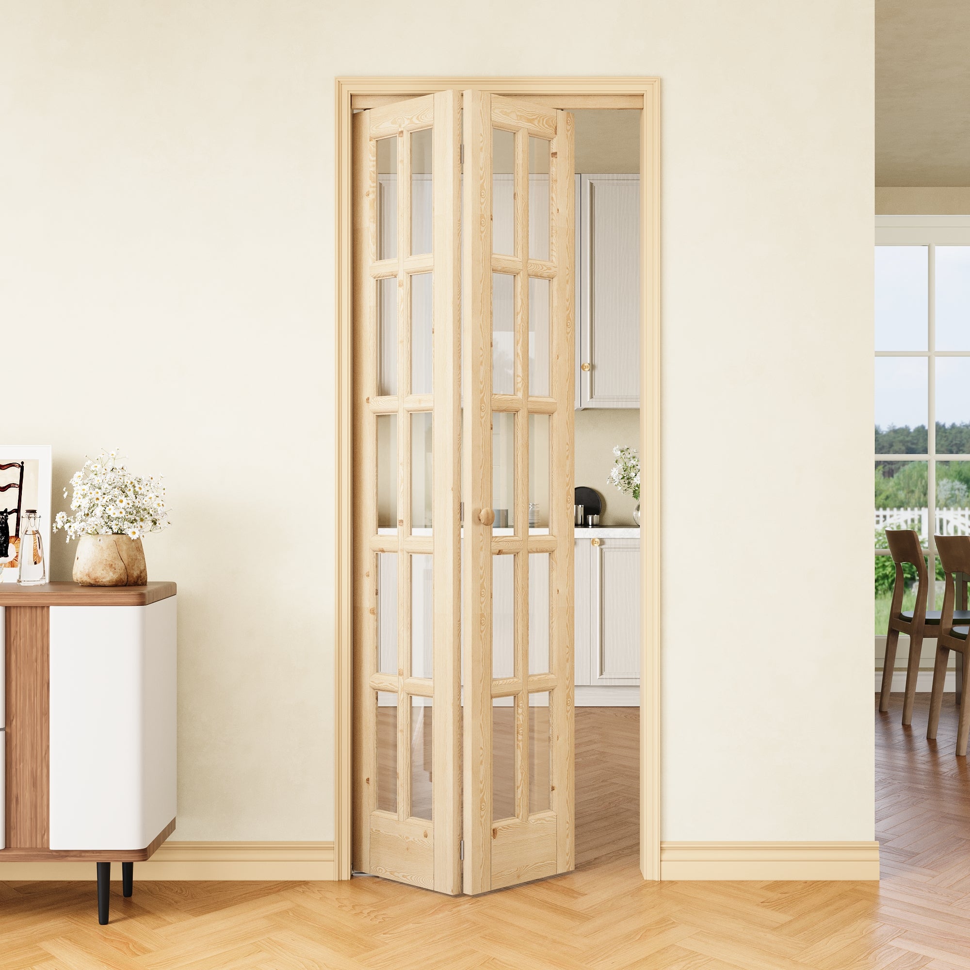 [Two Hardware Kits] Ark Design 10-Lite Pine Wood & Tempered Clear Glass Bifold Door, Bi-fold Door plus Pivot Door W/ 2-Type Hardware, 2-Slabs Solid Core Unfinished & Paintable Door
