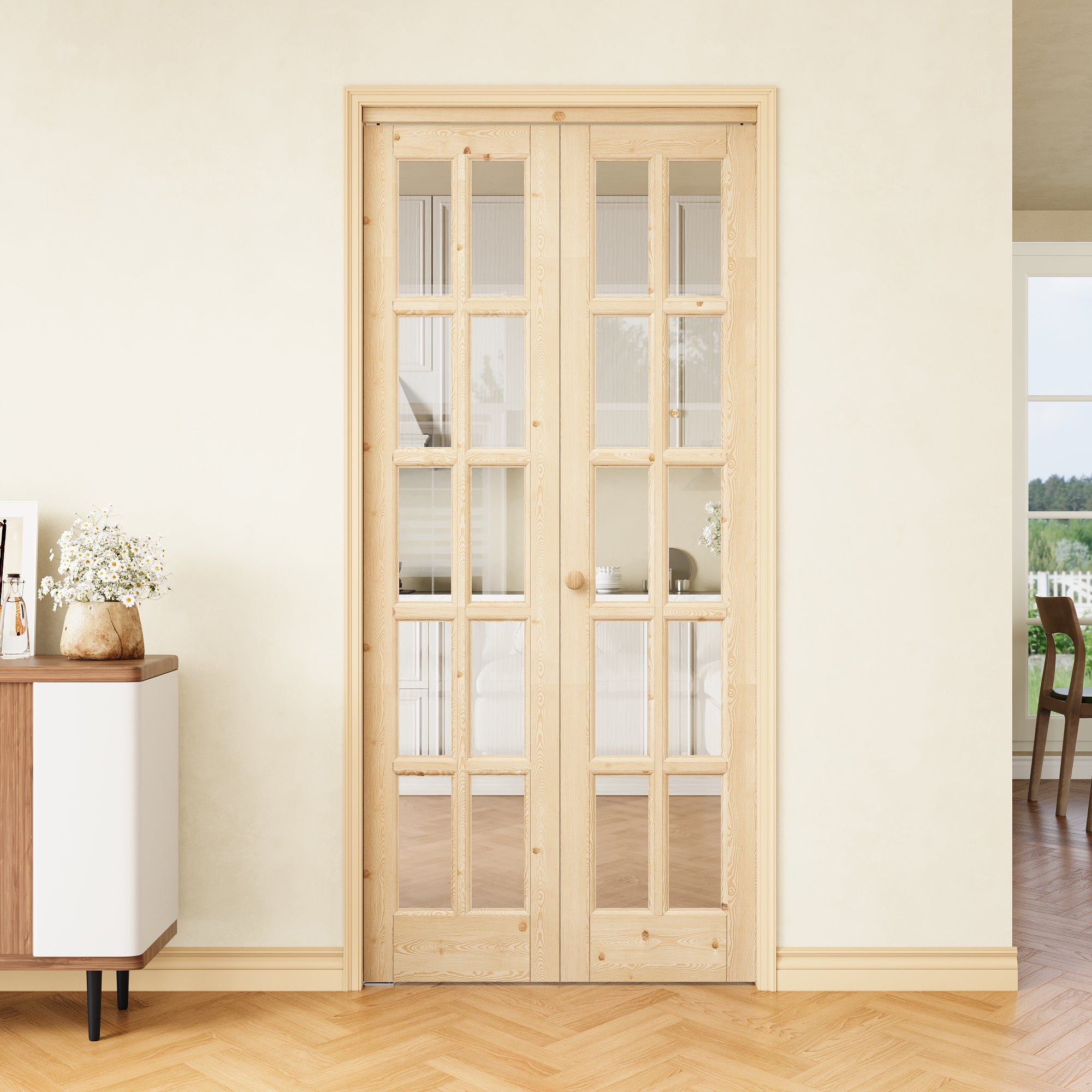 [Two Hardware Kits] Ark Design 10-Lite Pine Wood & Tempered Clear Glass Bifold Door, Bi-fold Door plus Pivot Door W/ 2-Type Hardware, 2-Slabs Solid Core Unfinished & Paintable Door