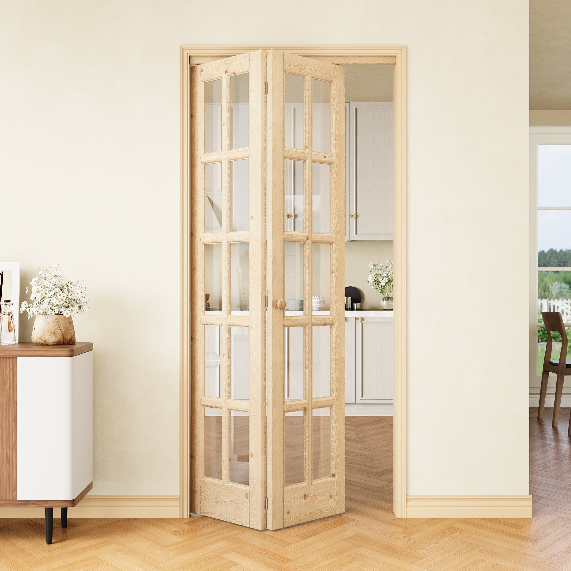 [Two Hardware Kits] Ark Design 10-Lite Pine Wood & Tempered Clear Glass Bifold Door, Bi-fold Door plus Pivot Door W/ 2-Type Hardware, 2-Slabs Solid Core Unfinished & Paintable Door