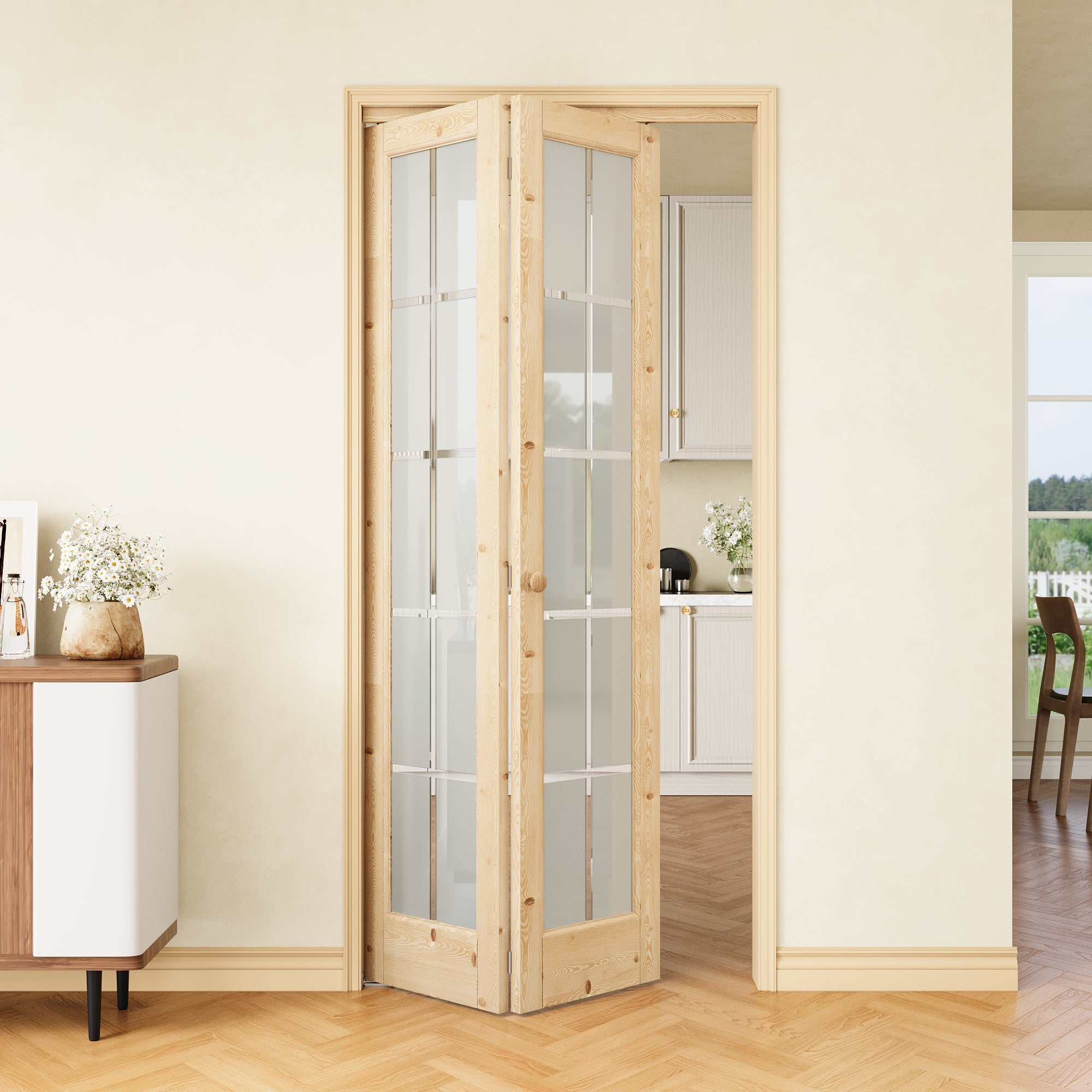 [Two Hardware Kits] Ark Design 10-Lite Pine Wood & Tempered Frosted & Clear Glass Bifold Door, Bi-fold Door plus Pivot Door W/ 2-Type Hardware, 2-Slabs Solid Core Unfinished & Paintable Door