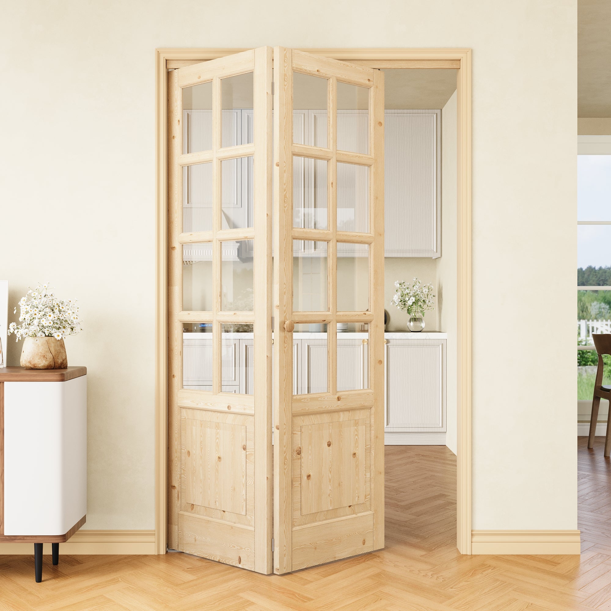 [Two Hardware Kits] Ark Design 8-Lite Pine Wood & Tempered Clear Glass Bifold Door, Bi-fold Door plus Pivot Door W/ 2-Type Hardware, 2-Slabs Solid Core Unfinished & Paintable Door