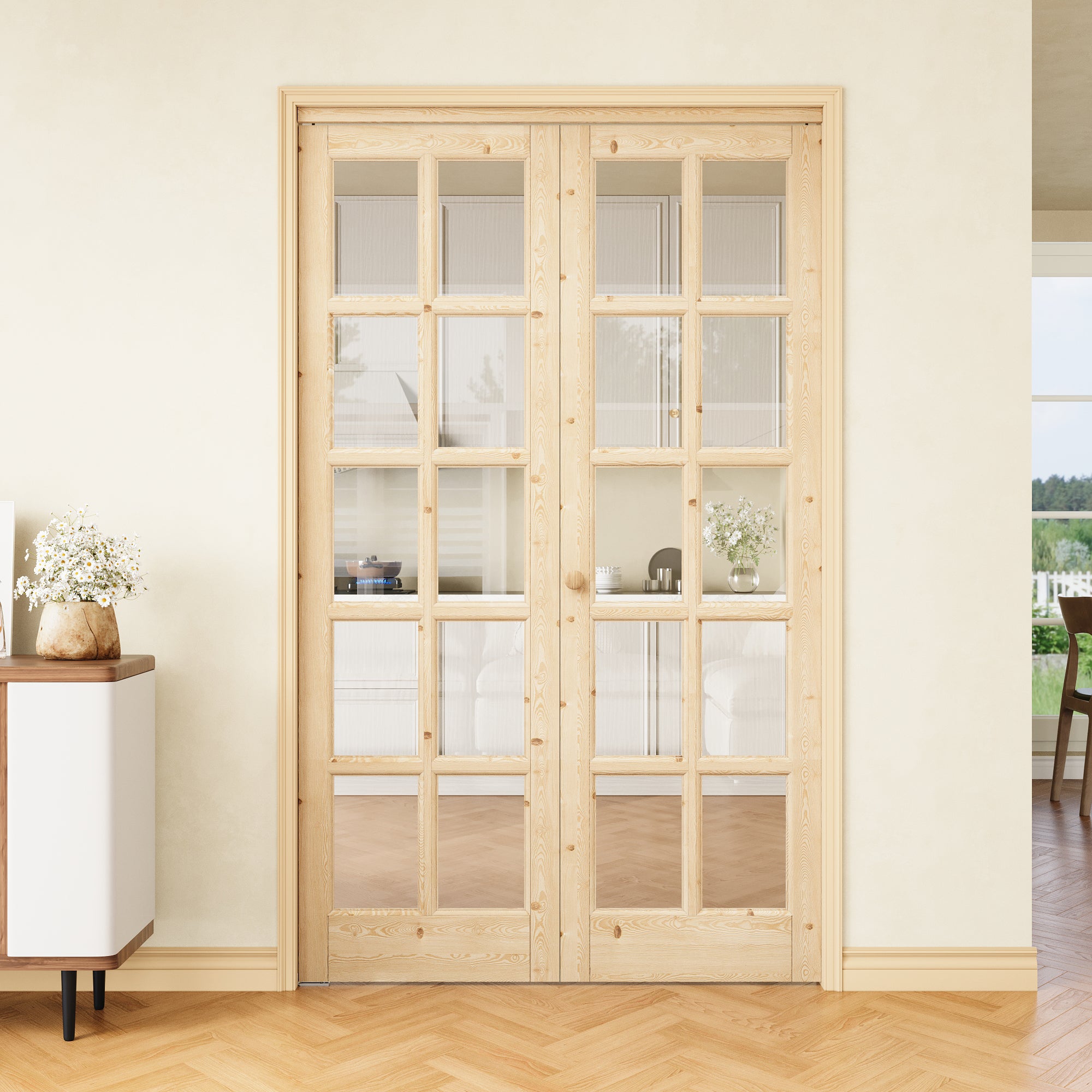 [Two Hardware Kits] Ark Design 10-Lite Pine Wood & Tempered Clear Glass Bifold Door, Bi-fold Door plus Pivot Door W/ 2-Type Hardware, 2-Slabs Solid Core Unfinished & Paintable Door