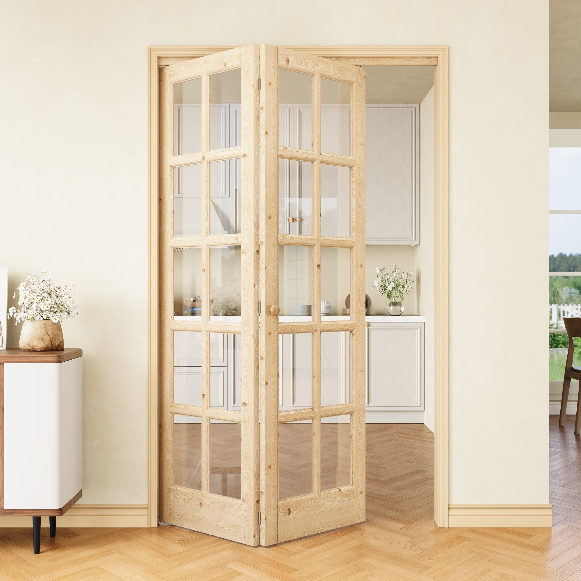 [Two Hardware Kits] Ark Design 10-Lite Pine Wood & Tempered Clear Glass Bifold Door, Bi-fold Door plus Pivot Door W/ 2-Type Hardware, 2-Slabs Solid Core Unfinished & Paintable Door