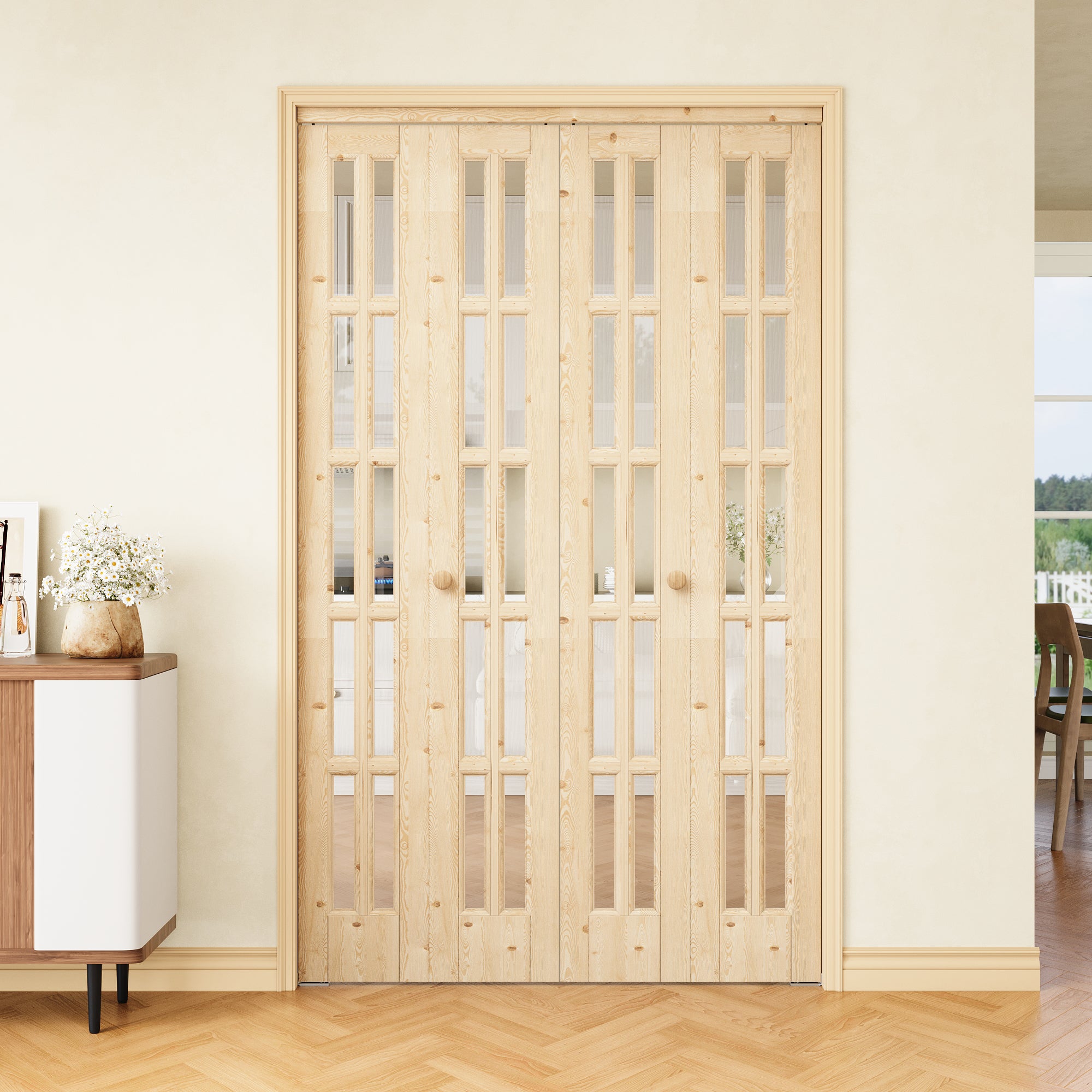 [Two Hardware Kits] Ark Design 10-Lite Pine Wood & Tempered Clear Glass Bifold Door, Bi-fold Door plus Pivot Door W/ 2-Type Hardware, 2-Slabs Solid Core Unfinished & Paintable Door
