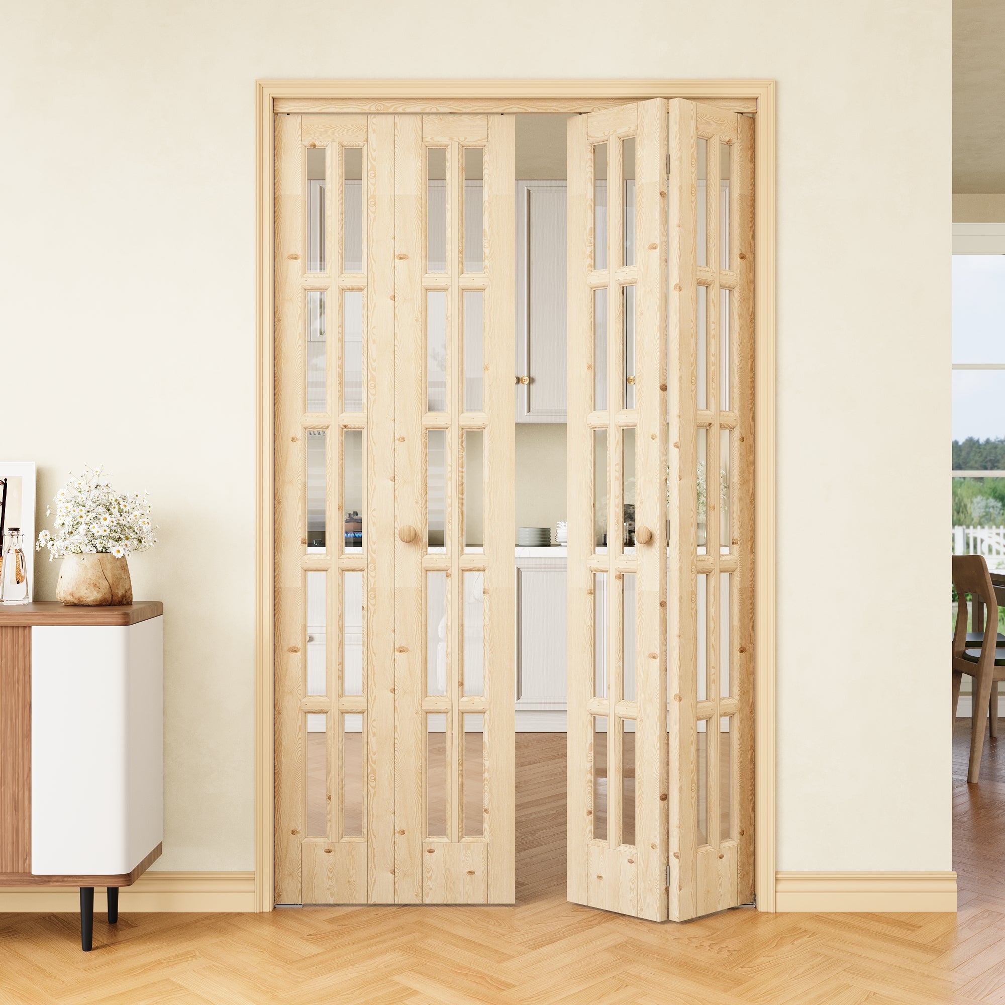 [Two Hardware Kits] Ark Design 10-Lite Pine Wood & Tempered Clear Glass Bifold Door, Bi-fold Door plus Pivot Door W/ 2-Type Hardware, 2-Slabs Solid Core Unfinished & Paintable Door