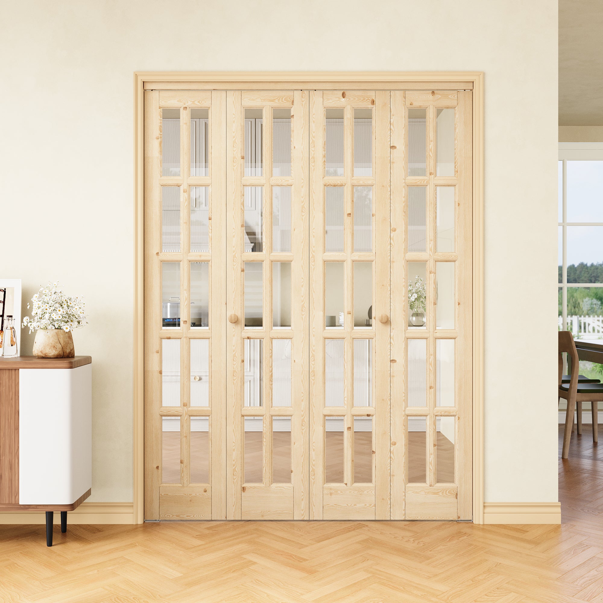 [Two Hardware Kits] Ark Design 10-Lite Pine Wood & Tempered Clear Glass Bifold Door, Bi-fold Door plus Pivot Door W/ 2-Type Hardware, 2-Slabs Solid Core Unfinished & Paintable Door