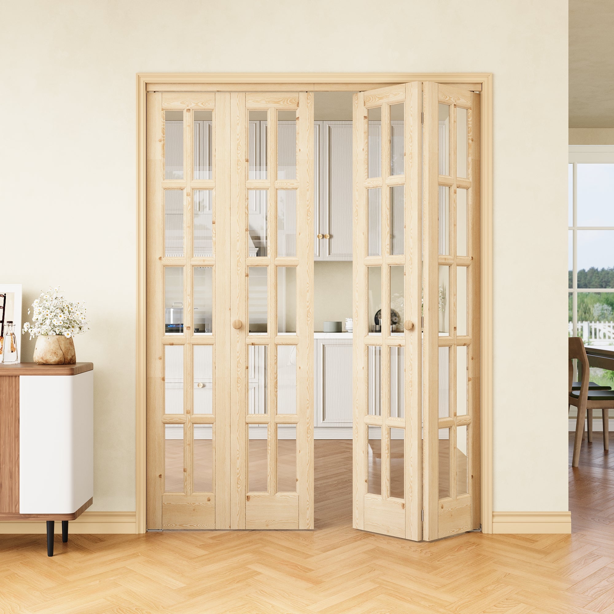 [Two Hardware Kits] Ark Design 10-Lite Pine Wood & Tempered Clear Glass Bifold Door, Bi-fold Door plus Pivot Door W/ 2-Type Hardware, 2-Slabs Solid Core Unfinished & Paintable Door