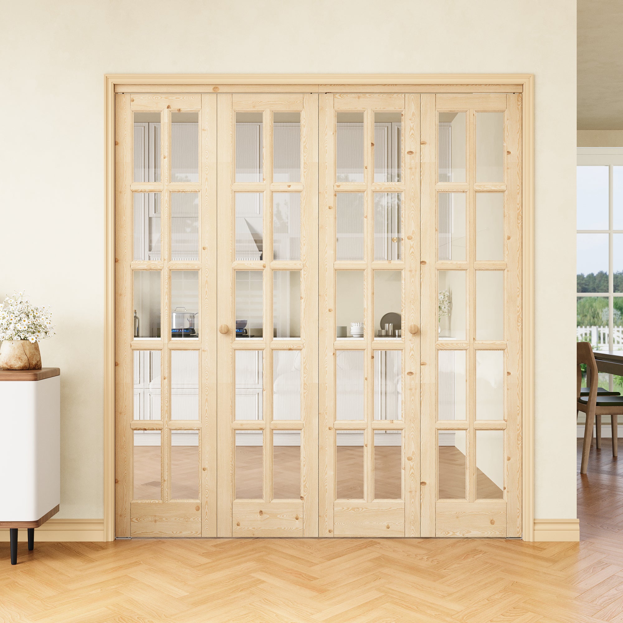 [Two Hardware Kits] Ark Design 10-Lite Pine Wood & Tempered Clear Glass Bifold Door, Bi-fold Door plus Pivot Door W/ 2-Type Hardware, 2-Slabs Solid Core Unfinished & Paintable Door
