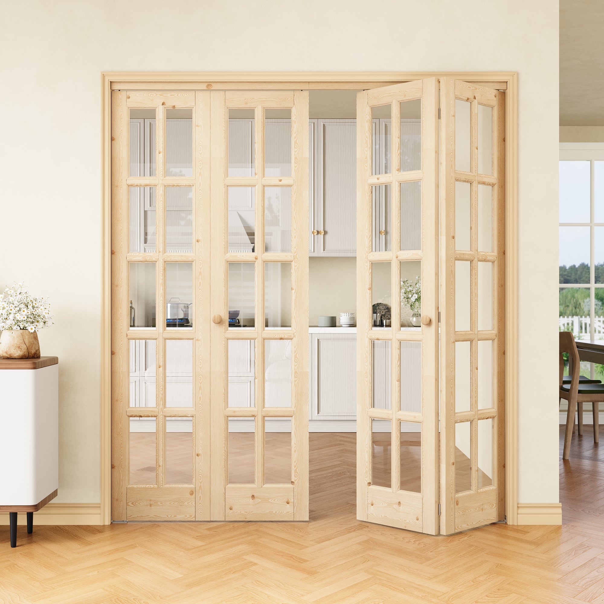 [Two Hardware Kits] Ark Design 10-Lite Pine Wood & Tempered Clear Glass Bifold Door, Bi-fold Door plus Pivot Door W/ 2-Type Hardware, 2-Slabs Solid Core Unfinished & Paintable Door