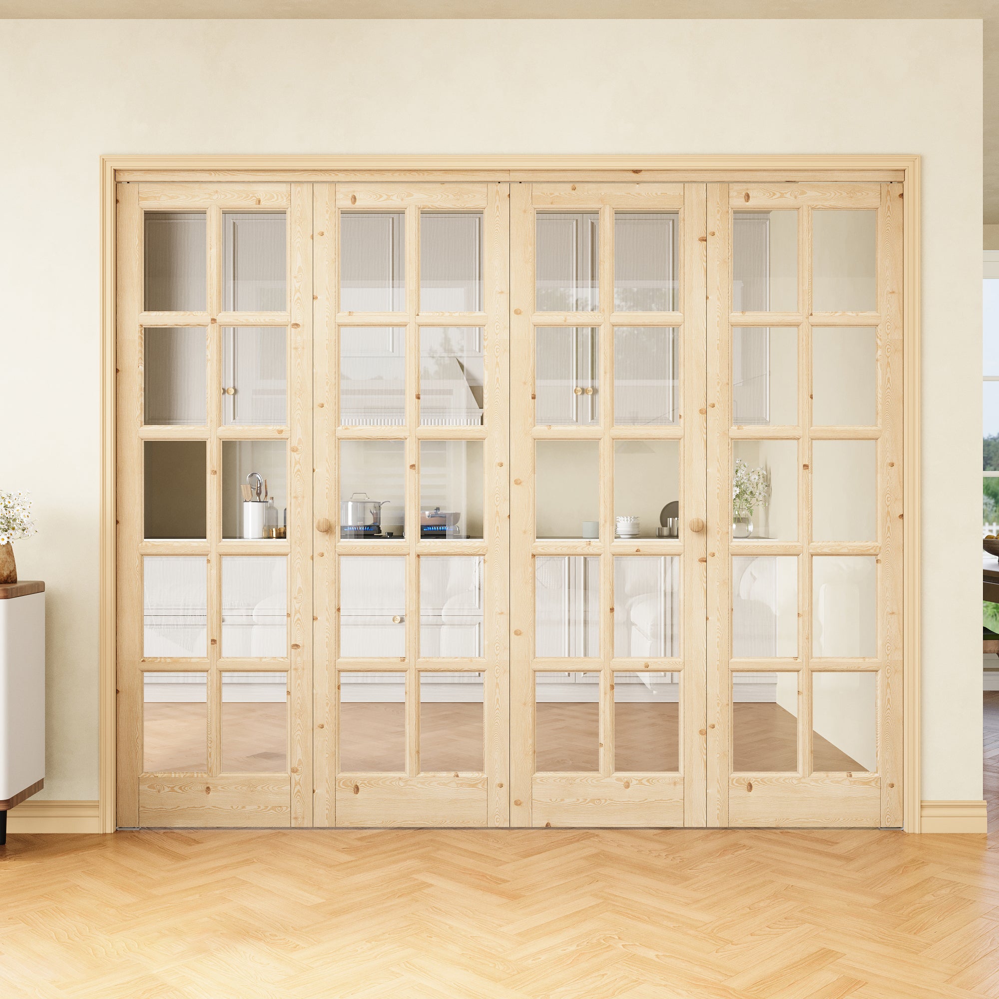 [Two Hardware Kits] Ark Design 10-Lite Pine Wood & Tempered Clear Glass Bifold Door, Bi-fold Door plus Pivot Door W/ 2-Type Hardware, 2-Slabs Solid Core Unfinished & Paintable Door