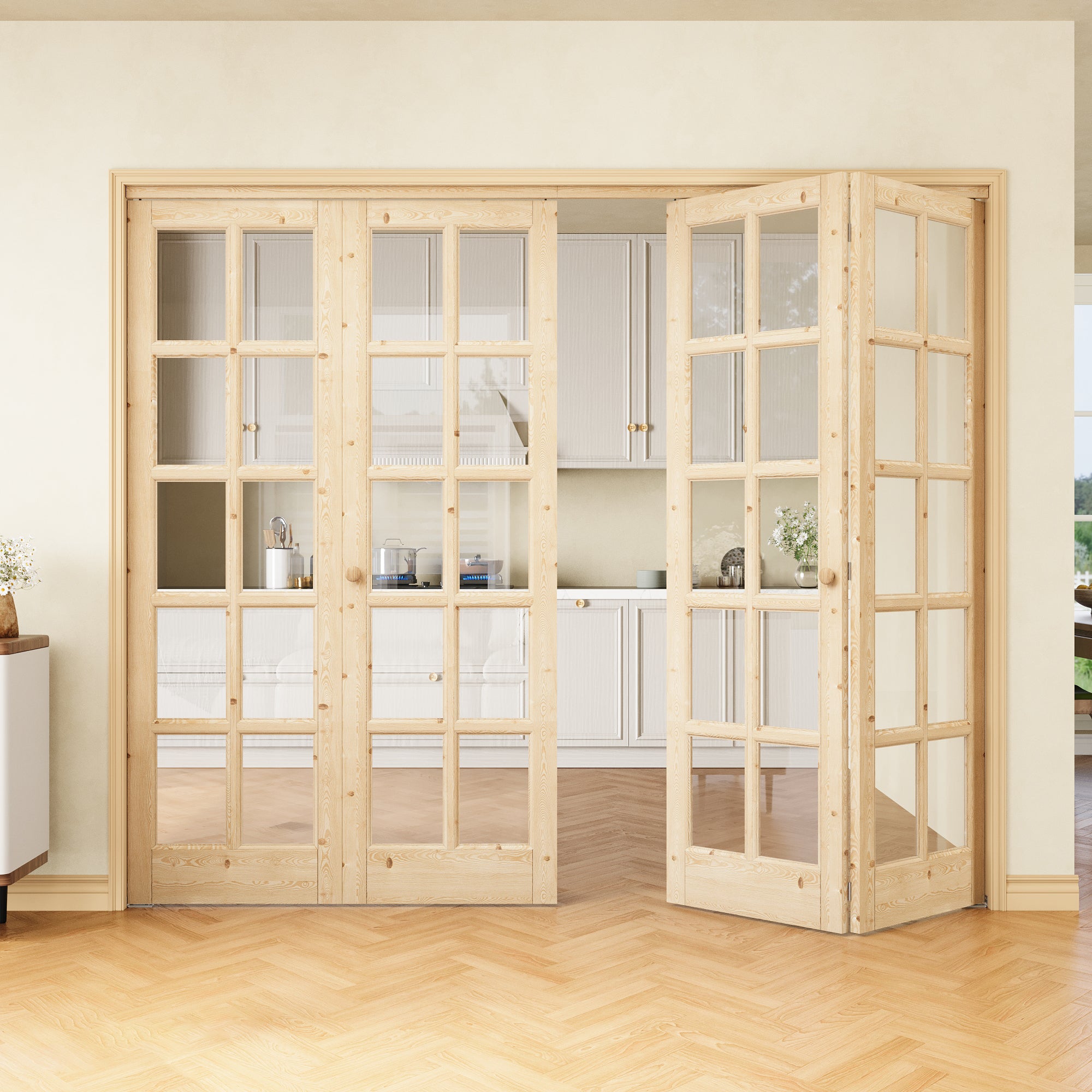 [Two Hardware Kits] Ark Design 10-Lite Pine Wood & Tempered Clear Glass Bifold Door, Bi-fold Door plus Pivot Door W/ 2-Type Hardware, 2-Slabs Solid Core Unfinished & Paintable Door