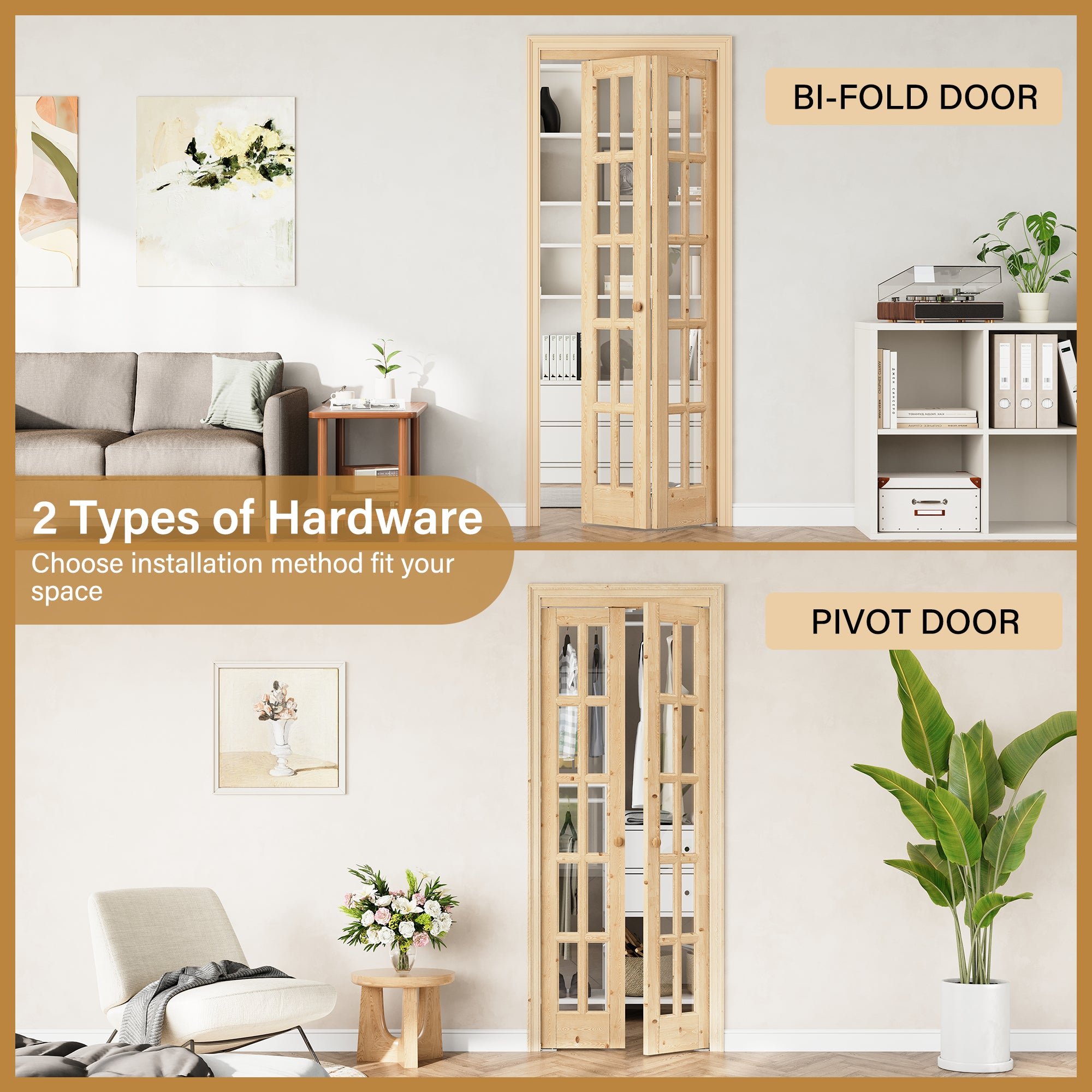 [Two Hardware Kits] Ark Design 10-Lite Pine Wood & Tempered Clear Glass Bifold Door, Bi-fold Door plus Pivot Door W/ 2-Type Hardware, 2-Slabs Solid Core Unfinished & Paintable Door