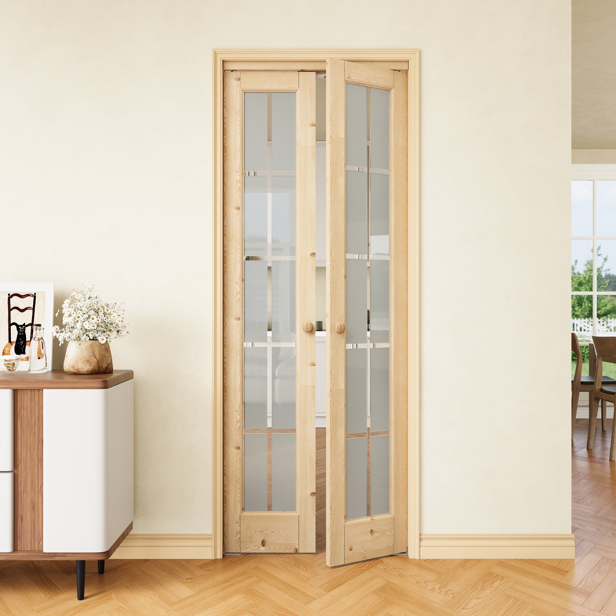 [Two Hardware Kits] Ark Design 10-Lite Pine Wood & Tempered Frosted & Clear Glass Pivot Door, Bi-fold Door plus Pivot Door W/ 2-Type Hardware, 2-Slabs Solid Core Unfinished & Paintable Door