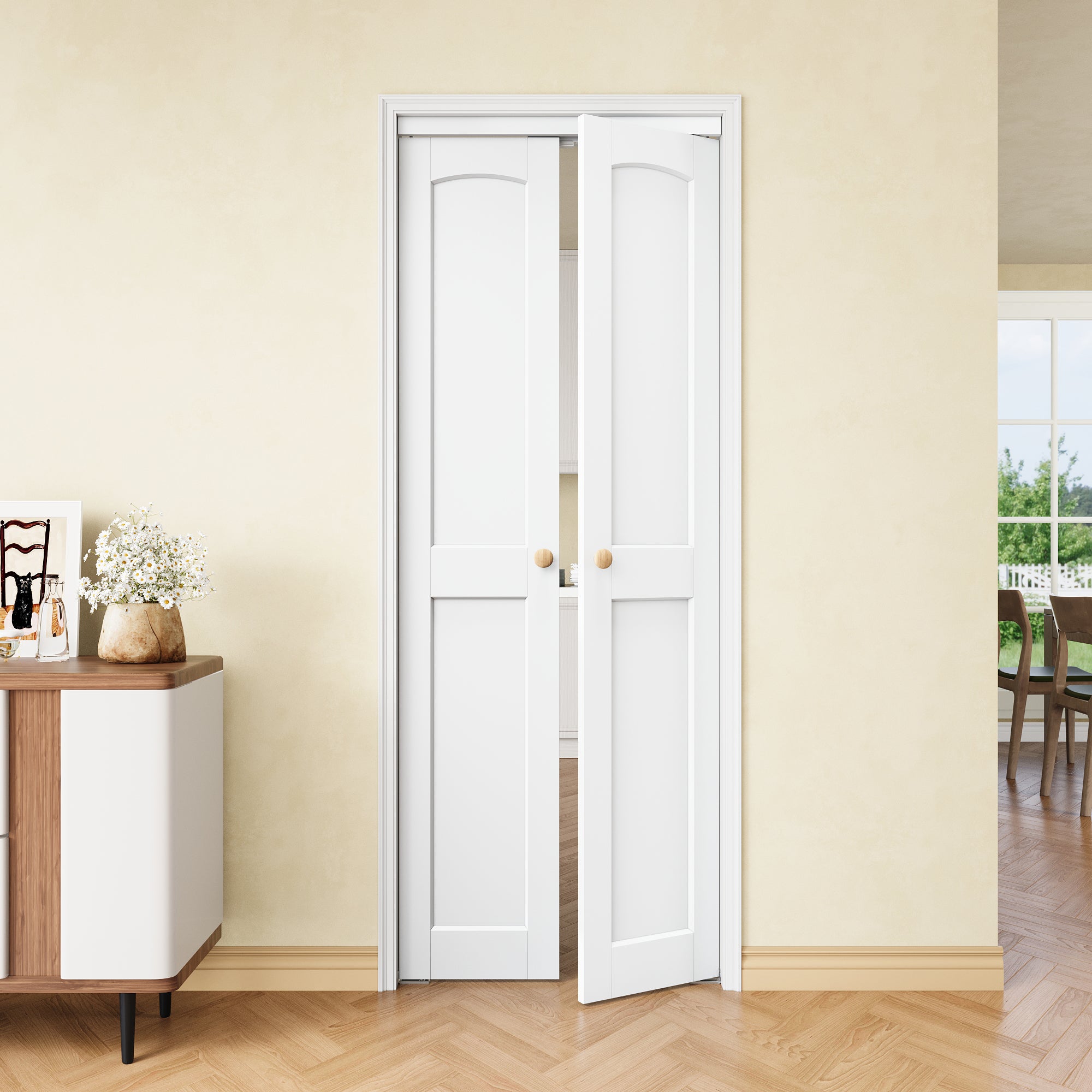 [Two Hardware Kits] Ark Design 2-Panel Arch White Solid Core MDF Pivot Door, Bi-fold Door plus Pivot Door W/ 2-Type Hardware, 2-Slabs Solid Core Prefinished & Paintable Door