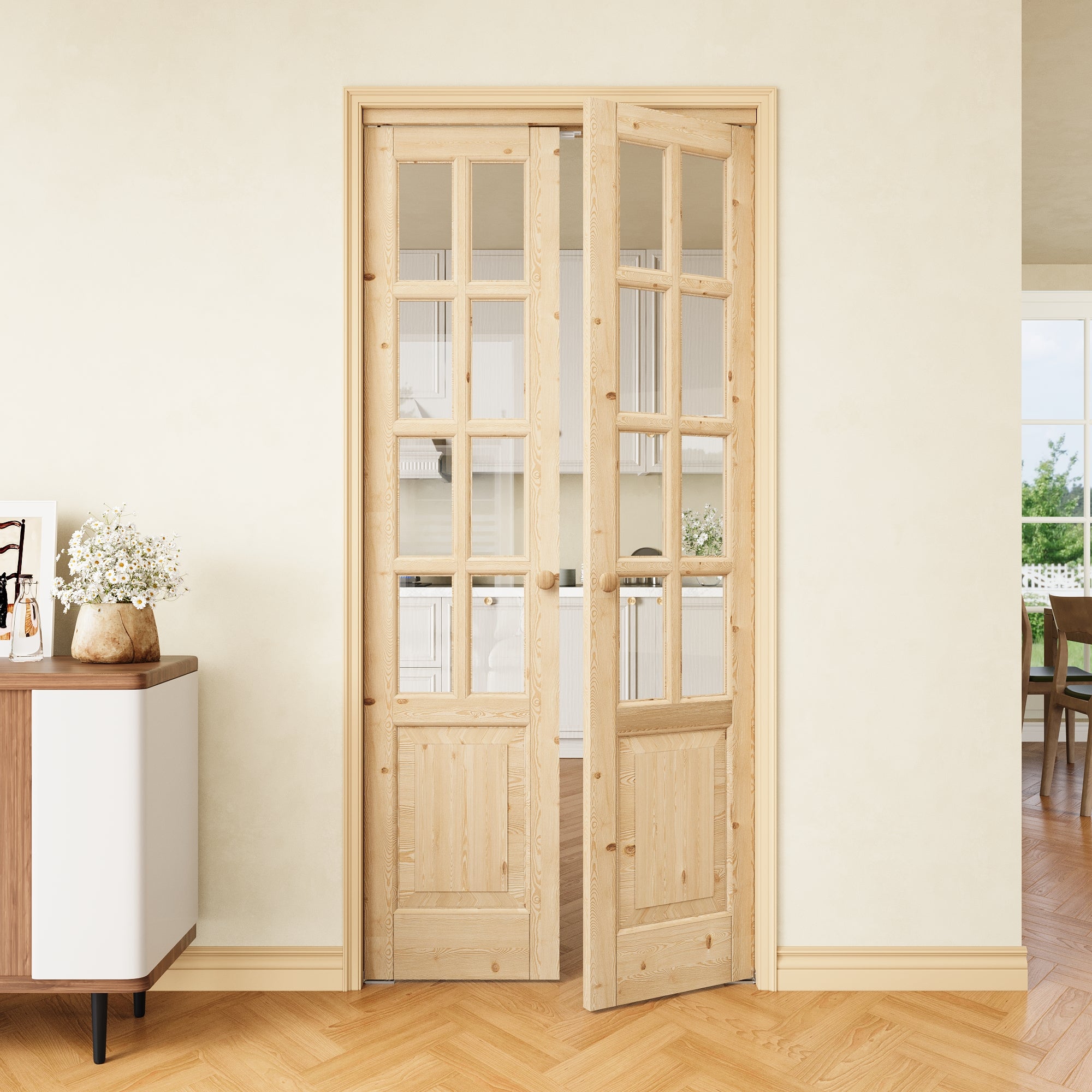 [Two Hardware Kits] Ark Design 8-Lite Pine Wood & Tempered Clear Glass Pivot Door, Bi-fold Door plus Pivot Door W/ 2-Type Hardware, 2-Slabs Solid Core Unfinished & Paintable Door