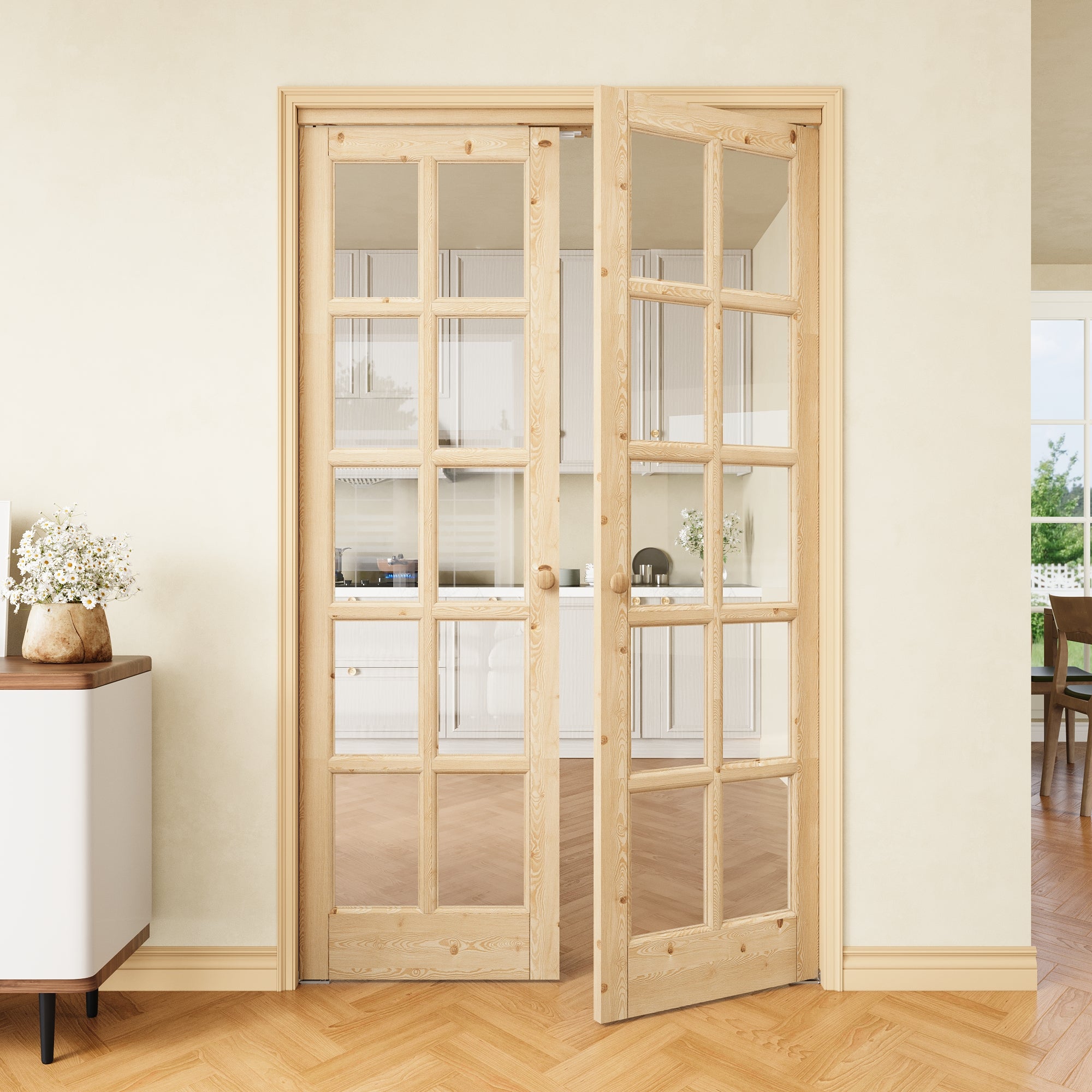 [Two Hardware Kits] Ark Design 10-Lite Pine Wood & Tempered Clear Glass Pivot Door, Bi-fold Door plus Pivot Door W/ 2-Type Hardware, 2-Slabs Solid Core Unfinished & Paintable Door