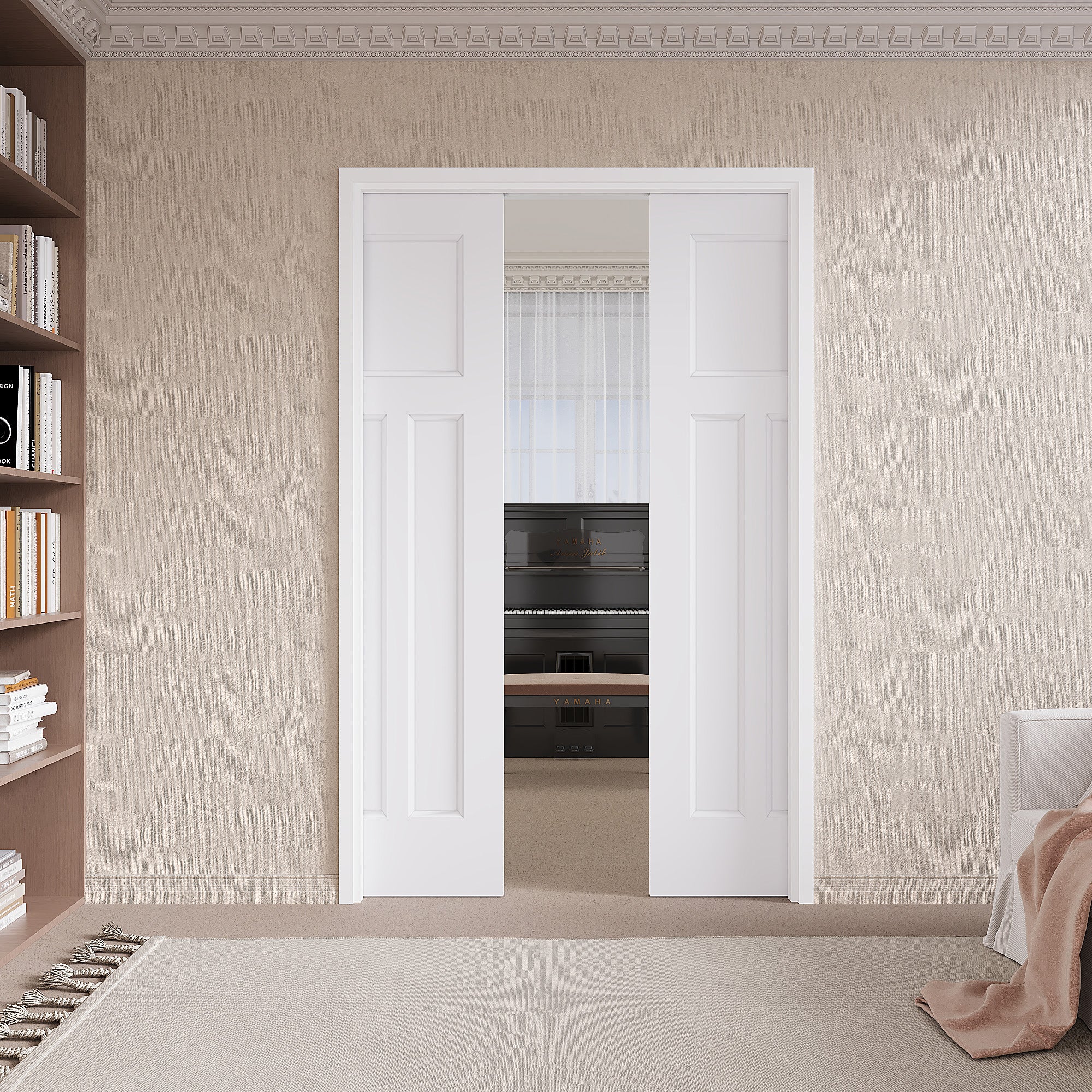 Ark Design Molded T Panel Pocket Door with Hardware Kit & Soft Close & Frame, Solid Core MDF Wood & Paint-grade Finished, White