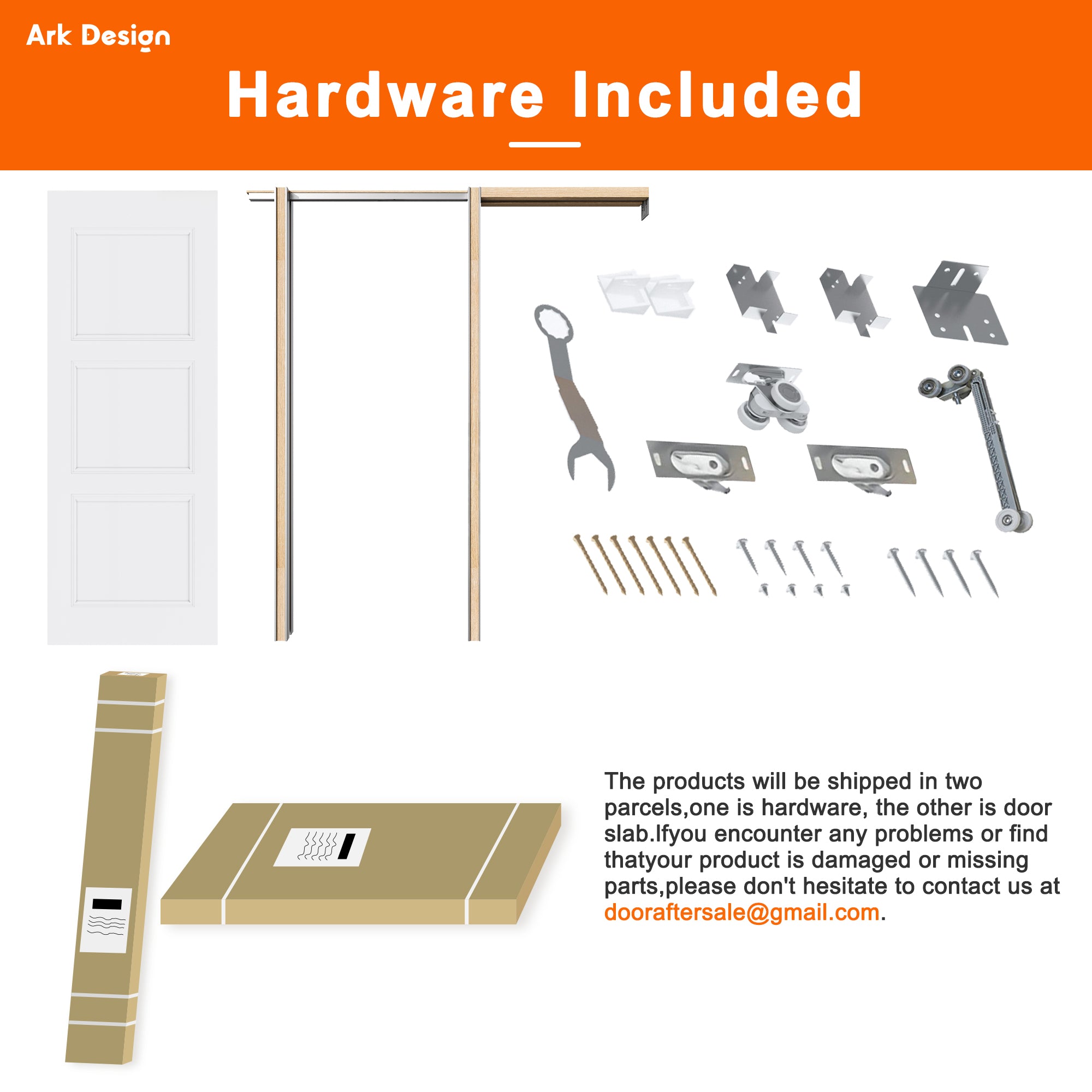 Ark Design Molded 6  Panel Modern Pocket Door with Hardware Kit & Soft Close & Frame, Solid Core MDF Wood & Paint-grade Finished, White