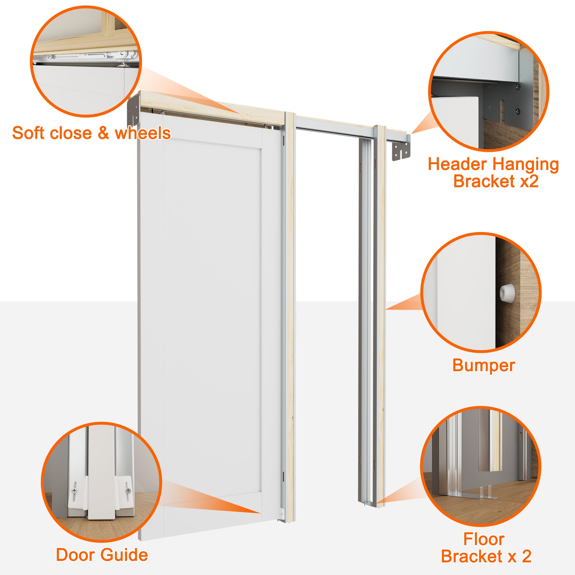 Ark Design Molded 6  Panel Modern Pocket Door with Hardware Kit & Soft Close & Frame, Solid Core MDF Wood & Paint-grade Finished, White