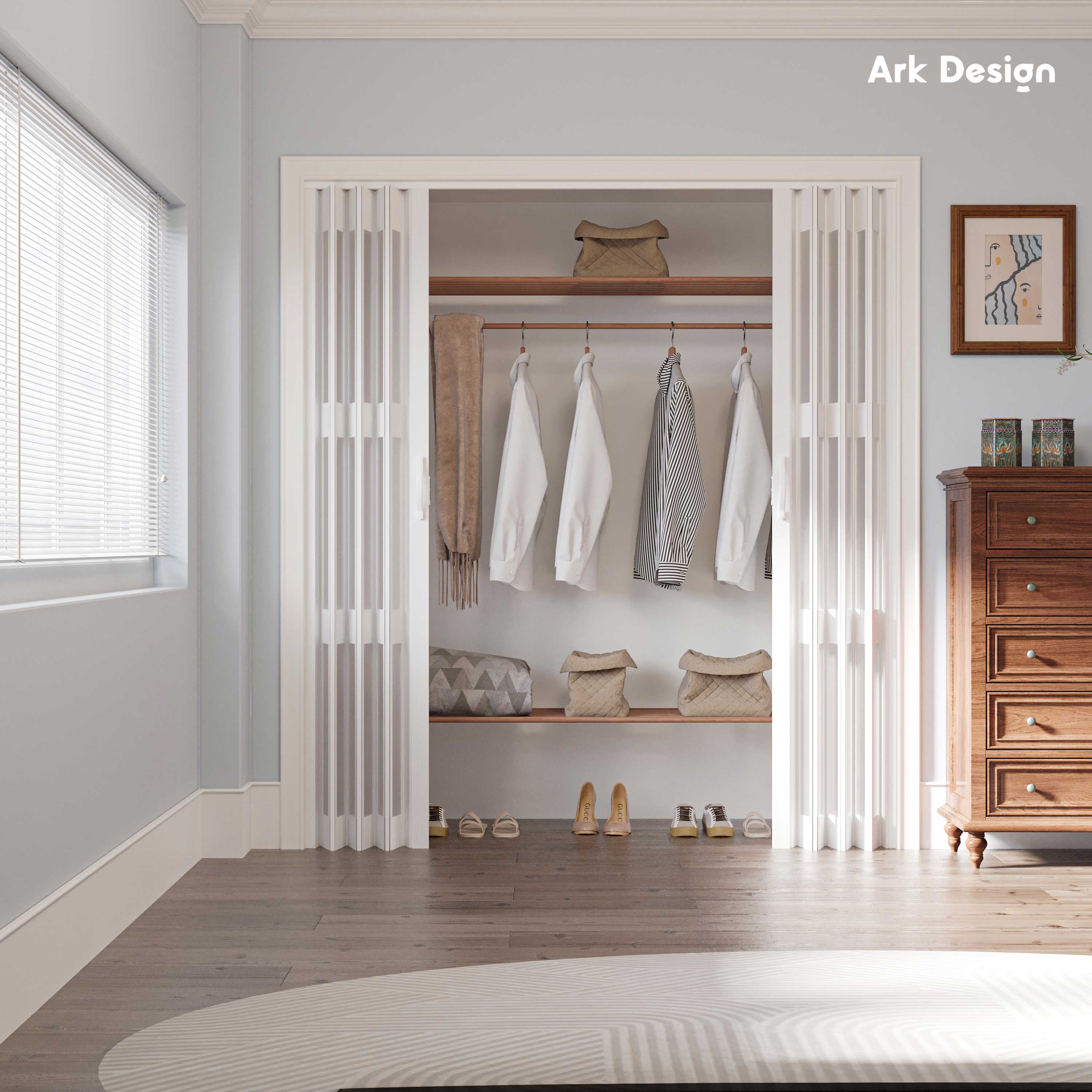Ark Design Upgrade Dual Layer Vinyl Accordion Door with Handles and Magnetic Door Lock, 3-Lite Acrylic Glass